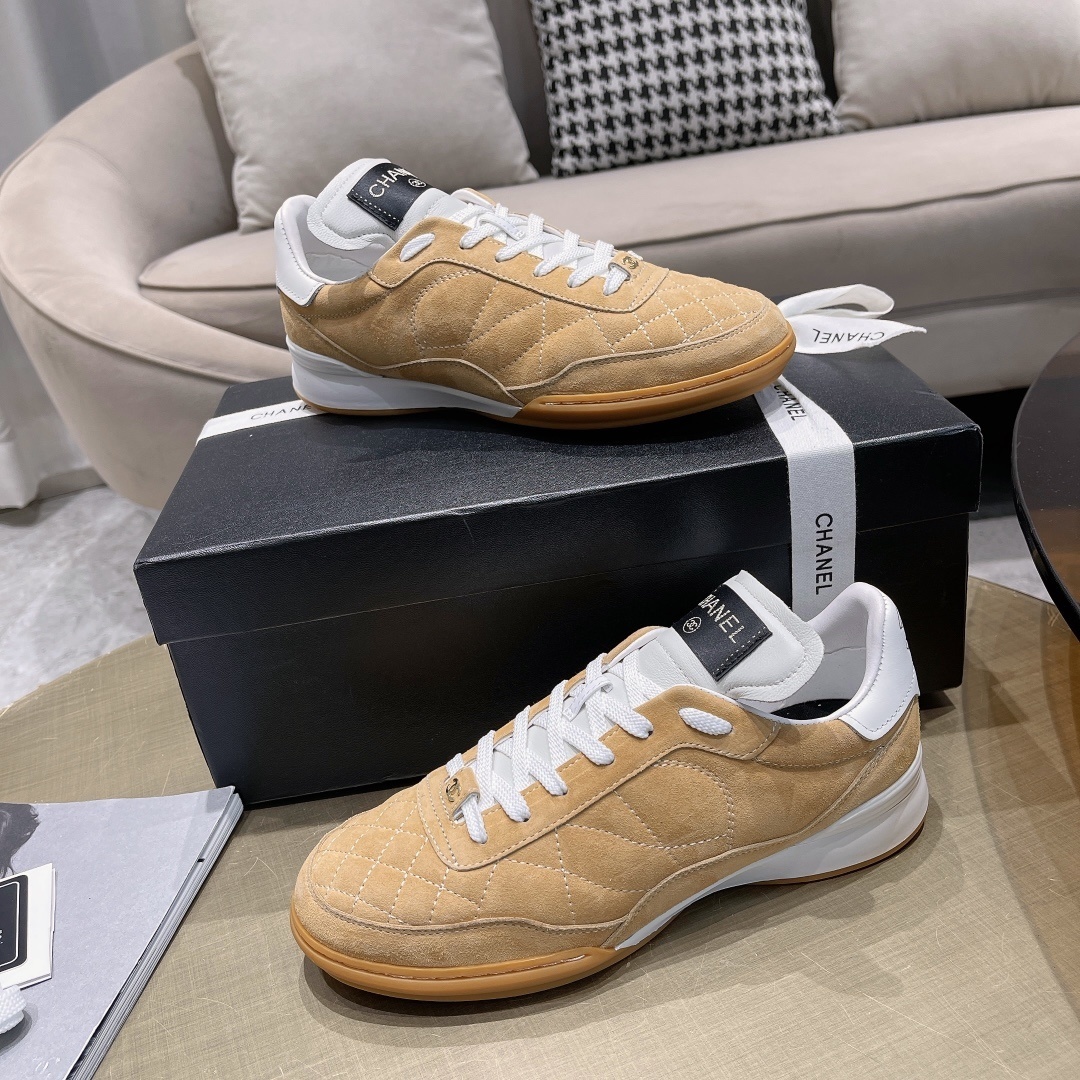Chanel Tan Quilted Suede Sneakers - Luxury Women's Footwear