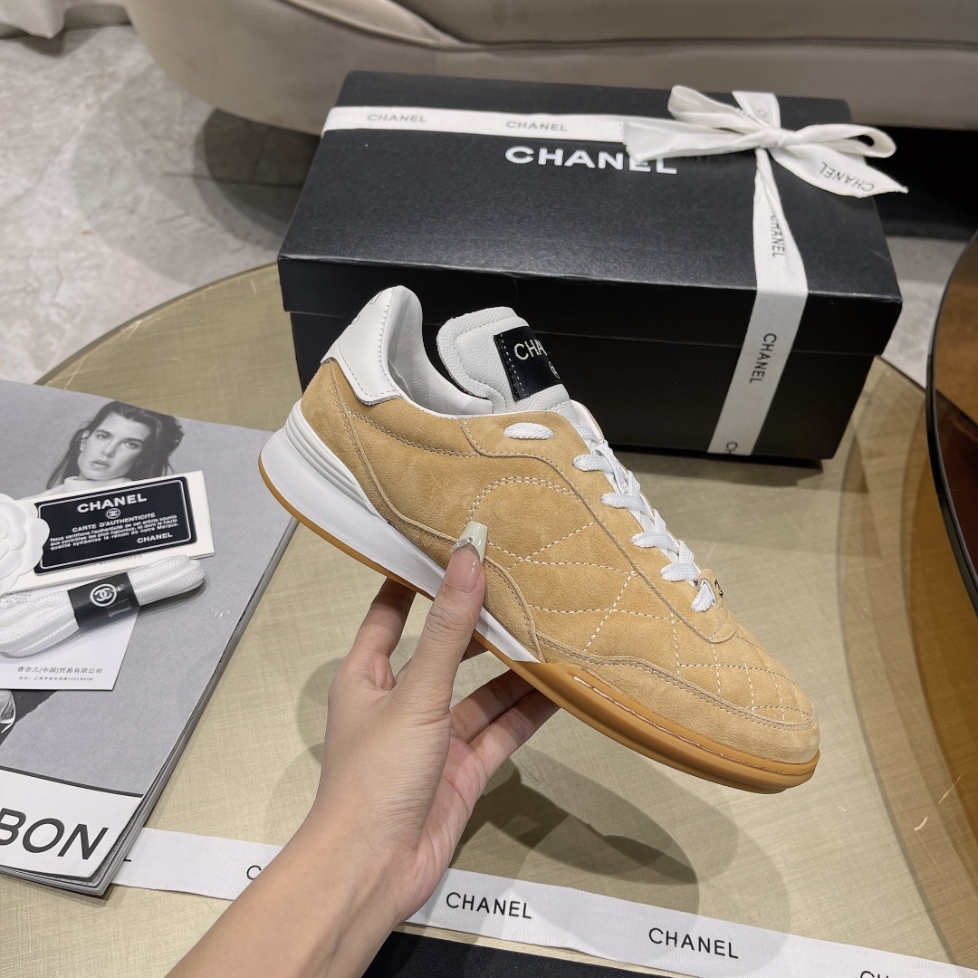 Chanel Tan Quilted Suede Sneakers - Luxury Women's Footwear