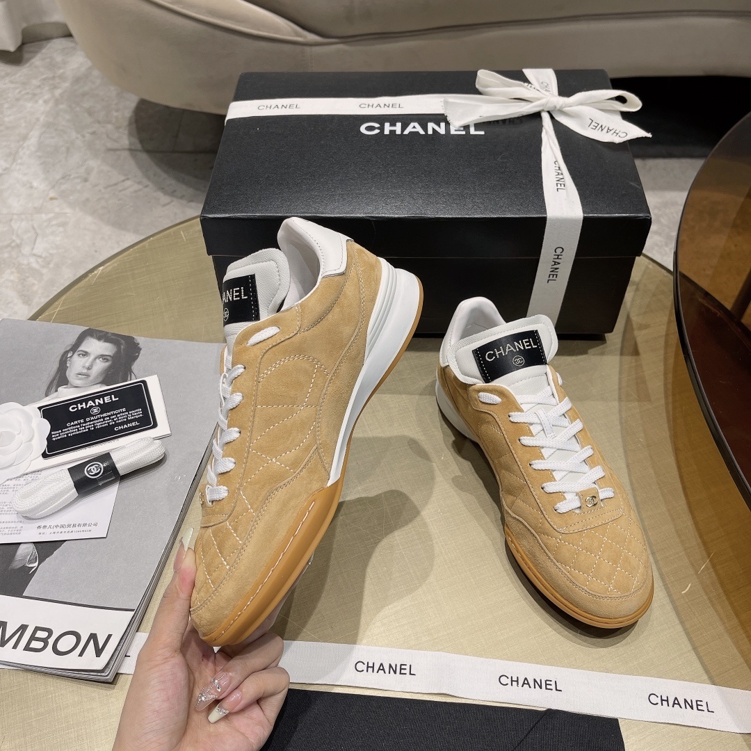 Chanel Tan Quilted Suede Sneakers - Luxury Women's Footwear