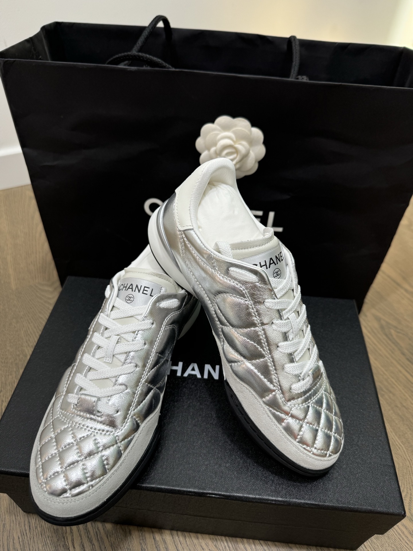 Chanel Quilted Metallic Silver Sneakers - Luxury Women's Trainers