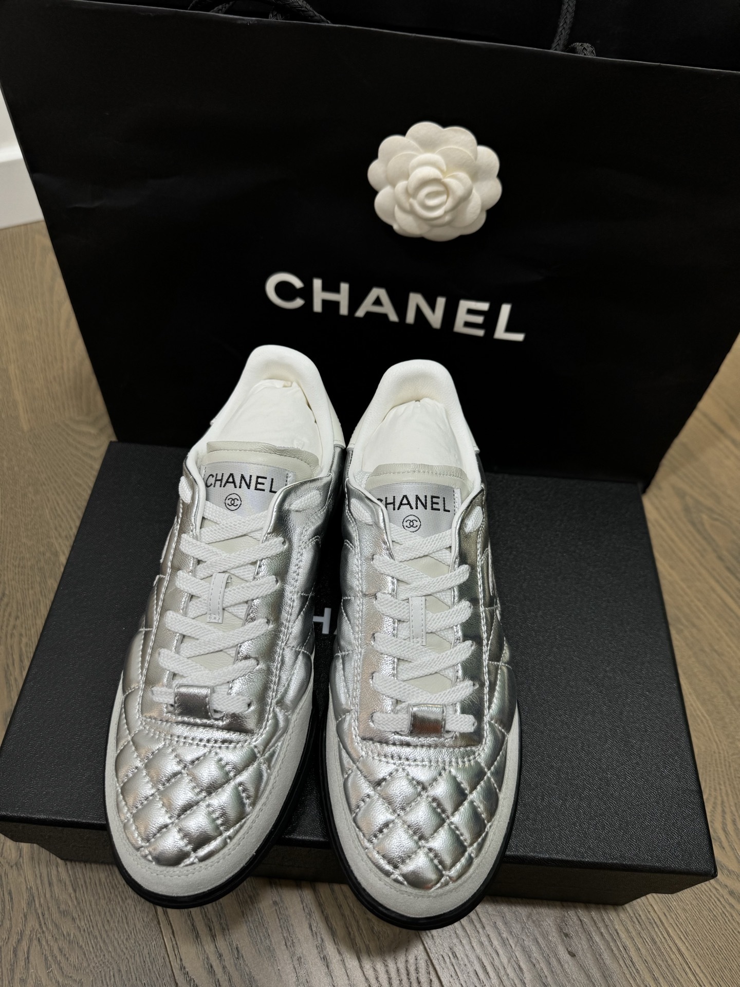 Chanel Quilted Metallic Silver Sneakers - Luxury Women's Trainers