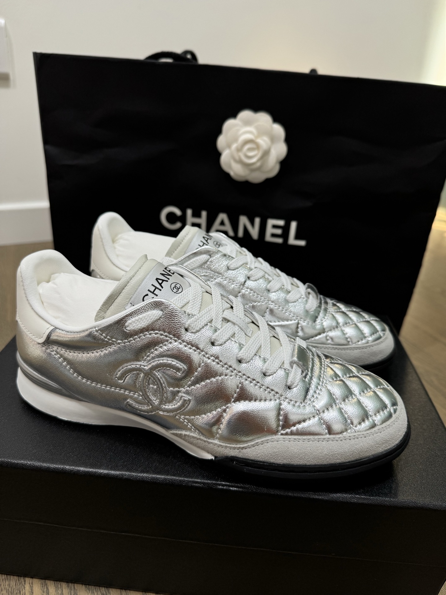 Chanel Quilted Metallic Silver Sneakers - Luxury Women's Trainers