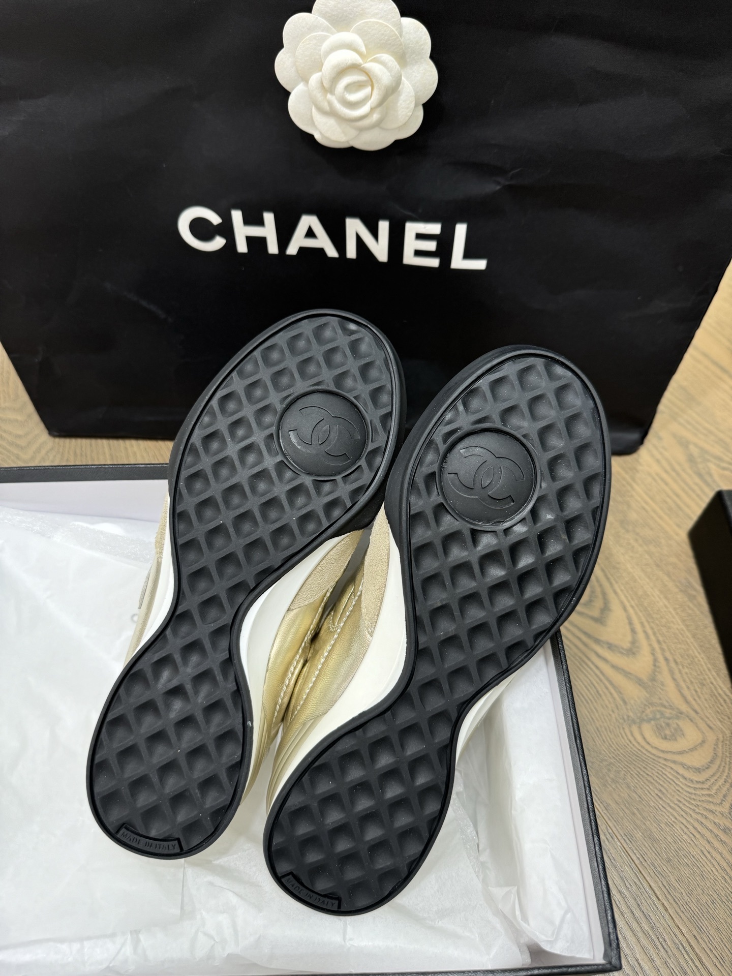Chanel Quilted Metallic Gold Sneakers - Luxury CC Logo Trainers