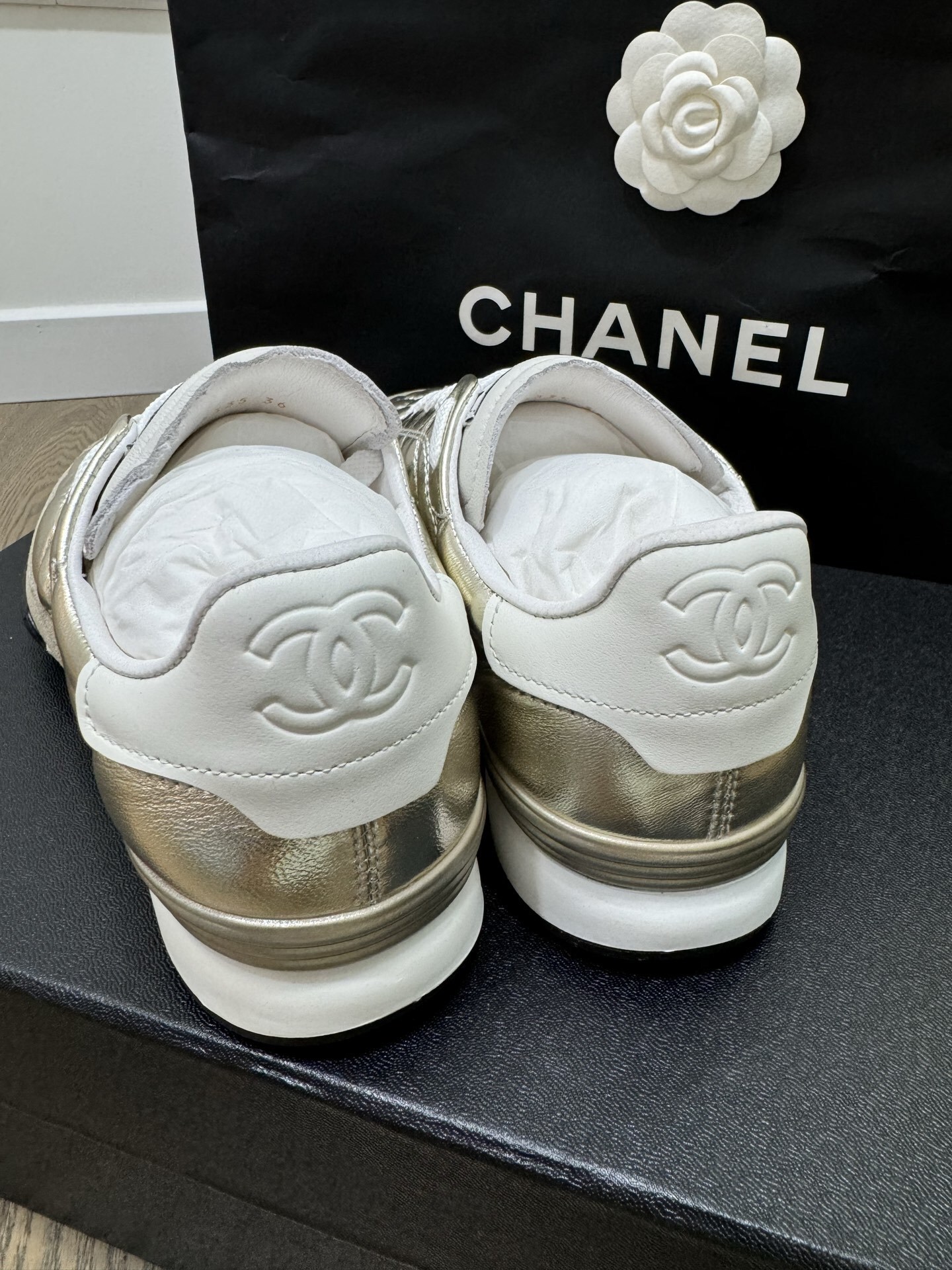 Chanel Quilted Metallic Gold Sneakers - Luxury CC Logo Trainers