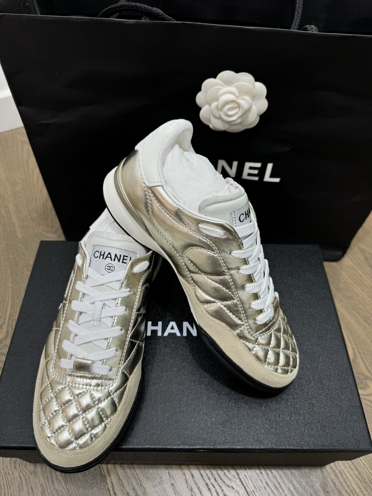 Chanel Quilted Metallic Gold Sneakers - Luxury CC Logo Trainers