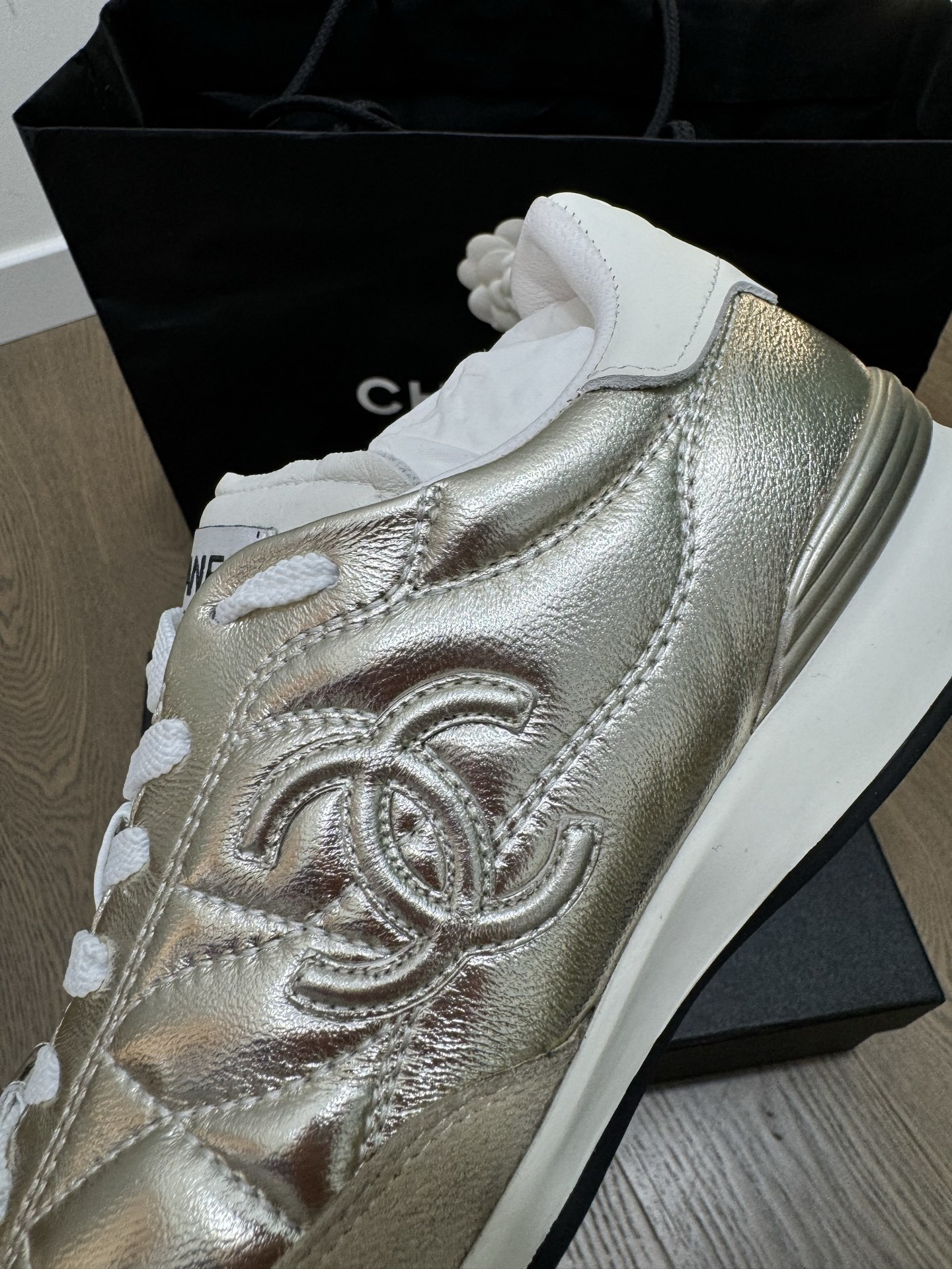 Chanel Quilted Metallic Gold Sneakers - Luxury CC Logo Trainers