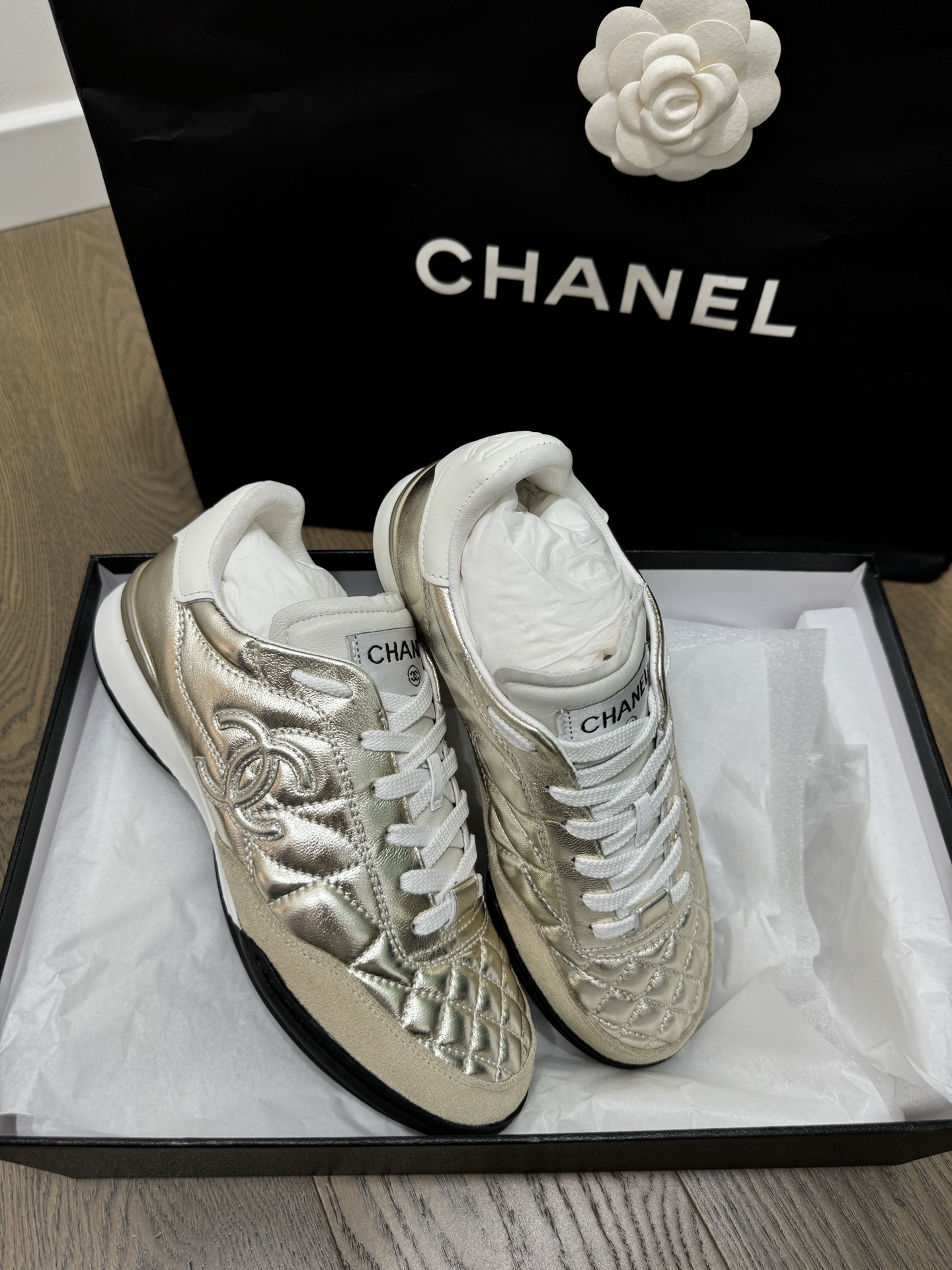 Chanel Quilted Metallic Gold Sneakers - Luxury CC Logo Trainers