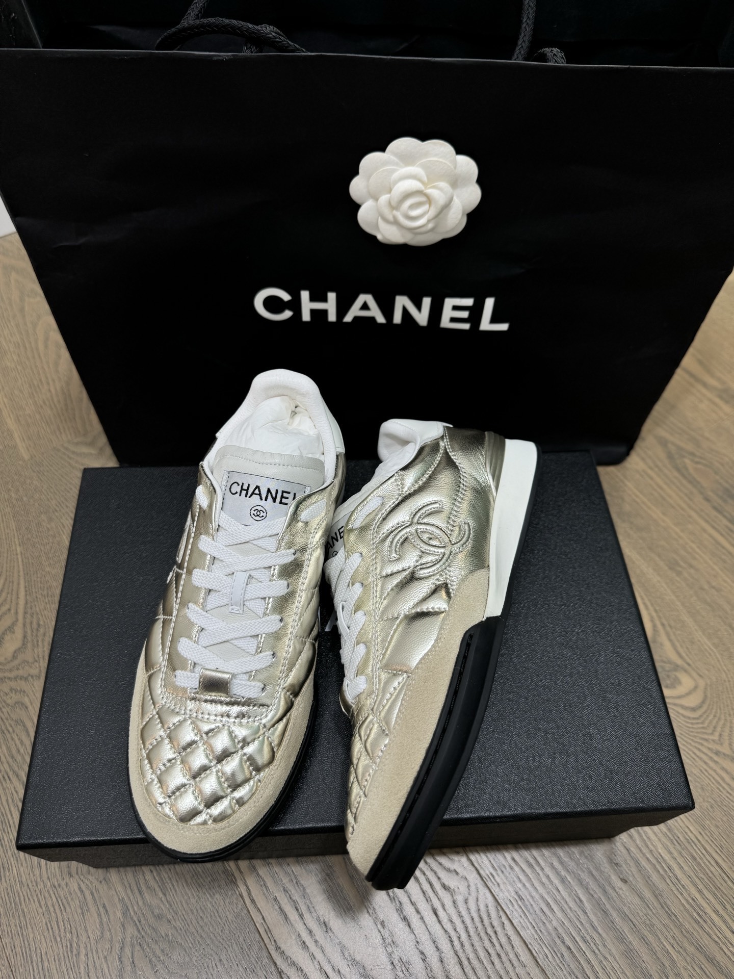 Chanel Quilted Metallic Gold Sneakers - Luxury CC Logo Trainers