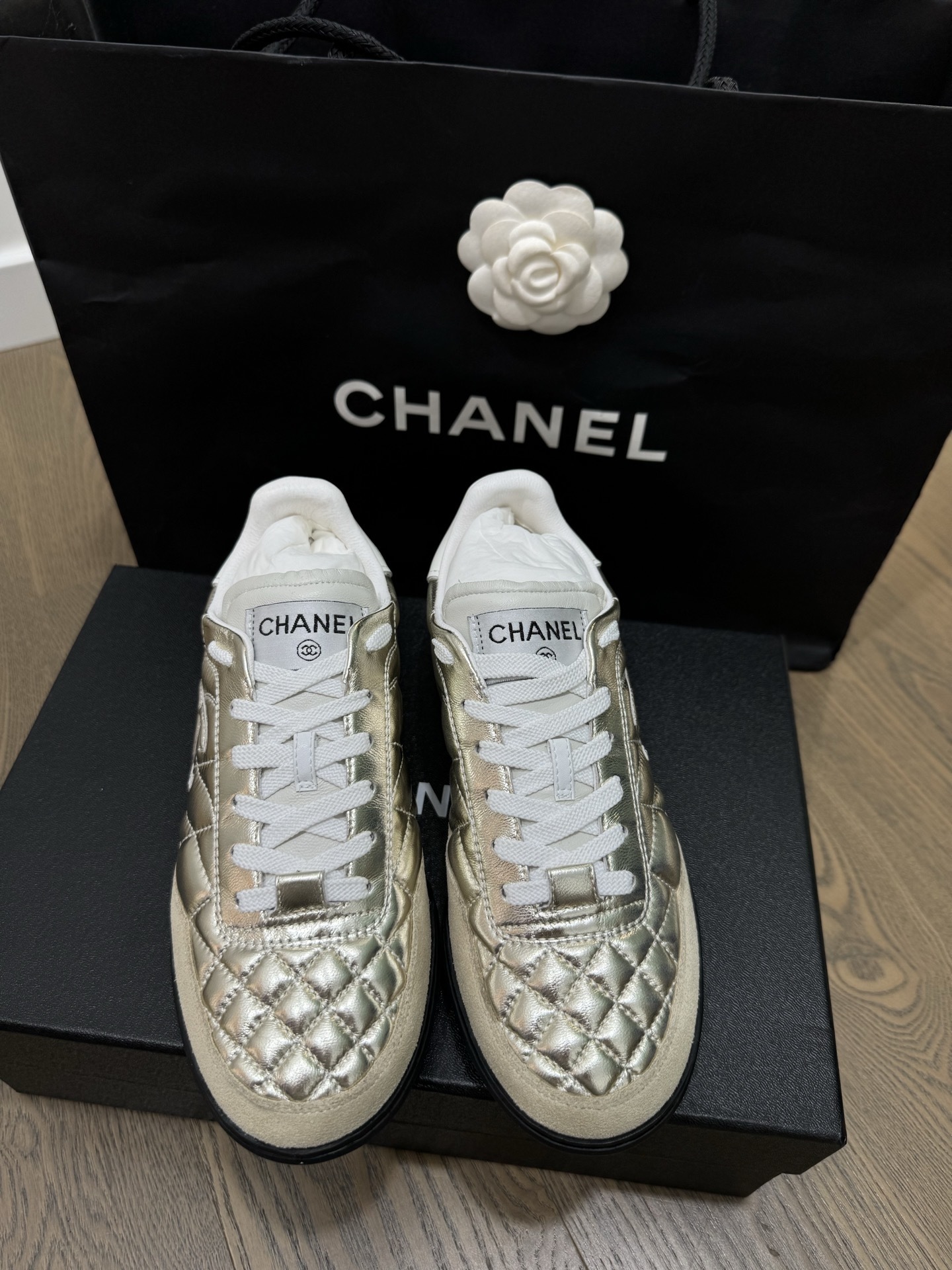 Chanel Quilted Metallic Gold Sneakers - Luxury CC Logo Trainers