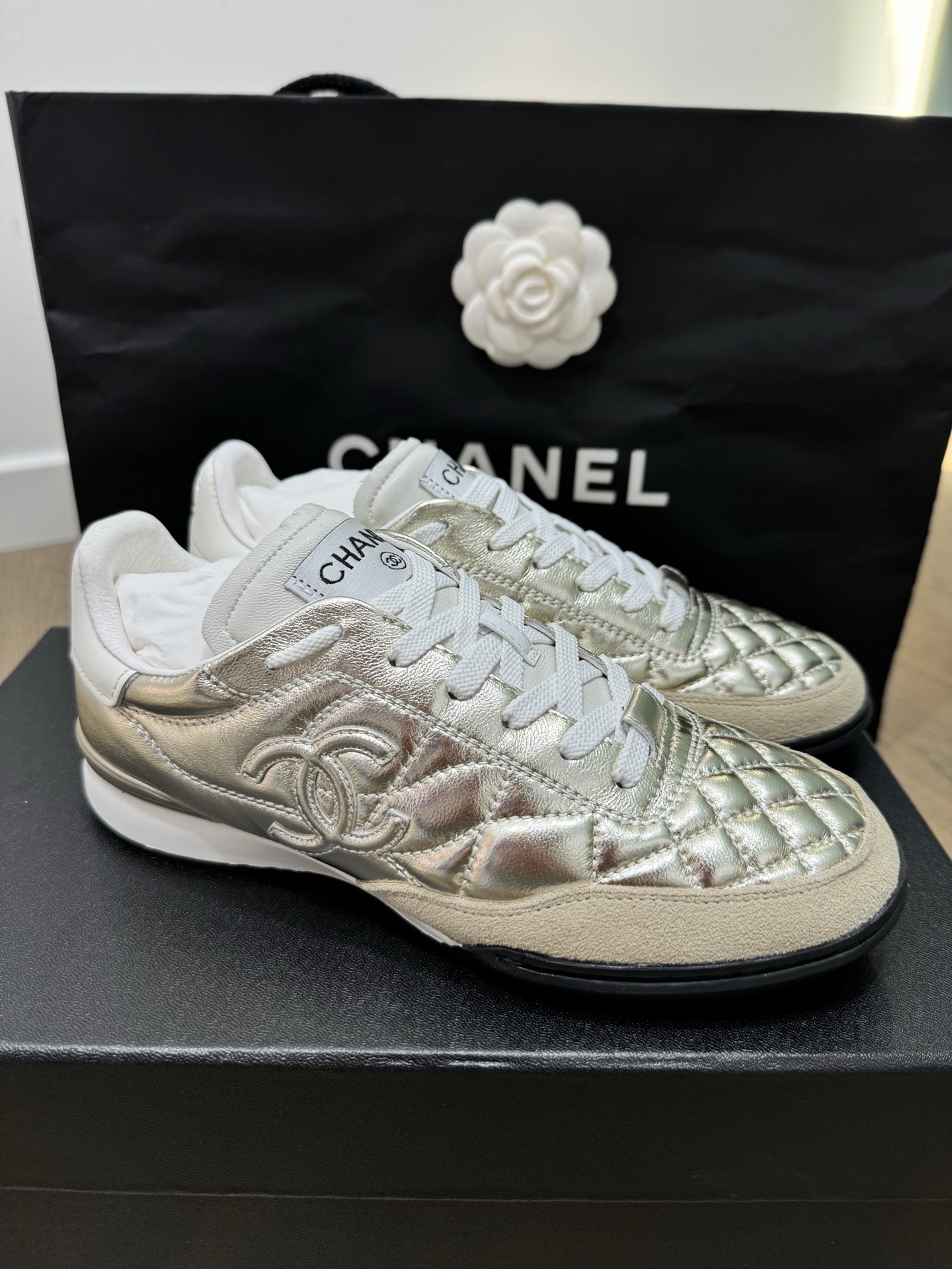 Chanel Quilted Metallic Gold Sneakers – Luxury CC Logo Trainers