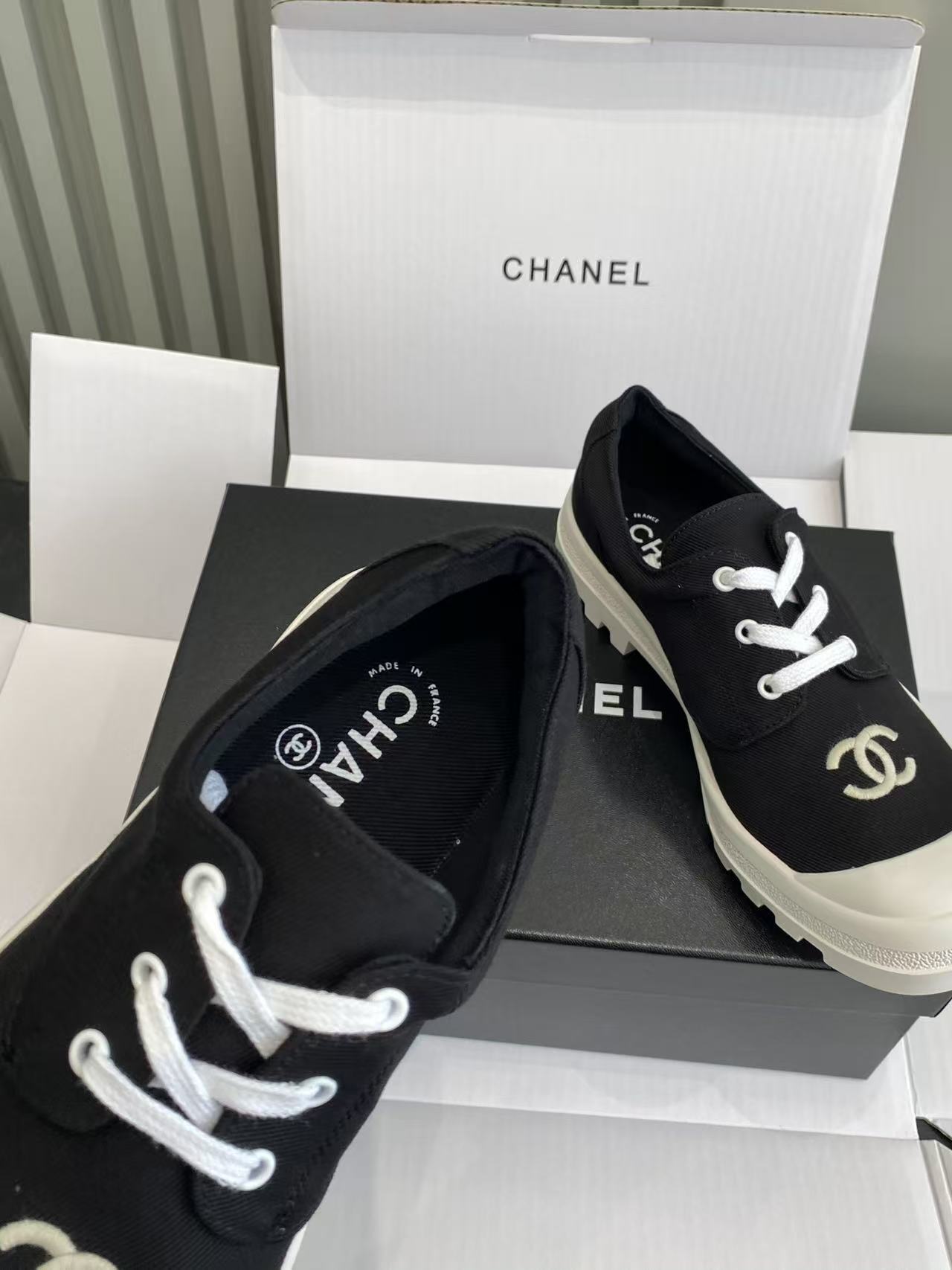Chanel Black Canvas Low-Top Sneakers with White Lug Sole