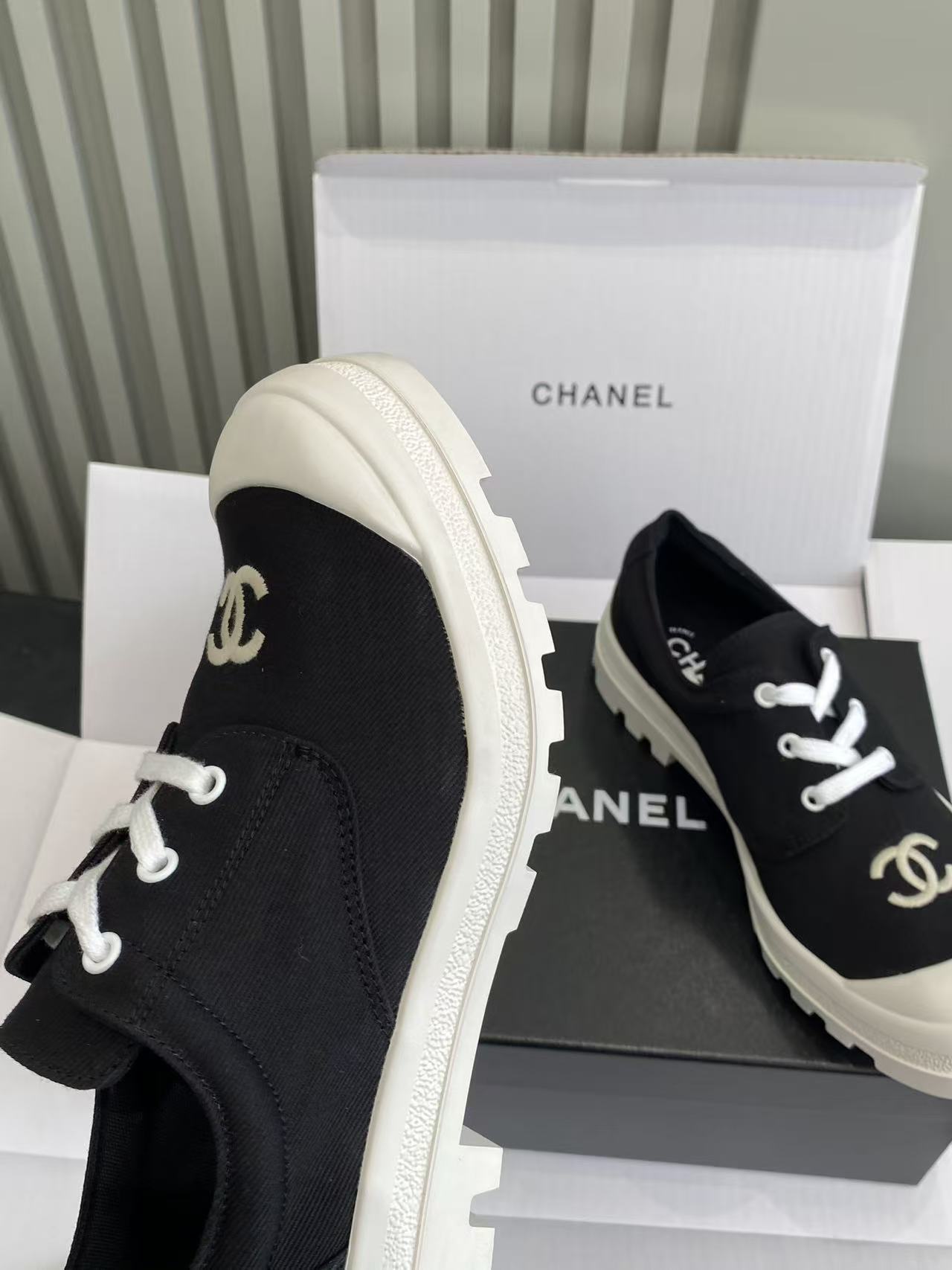 Chanel Black Canvas Low-Top Sneakers with White Lug Sole