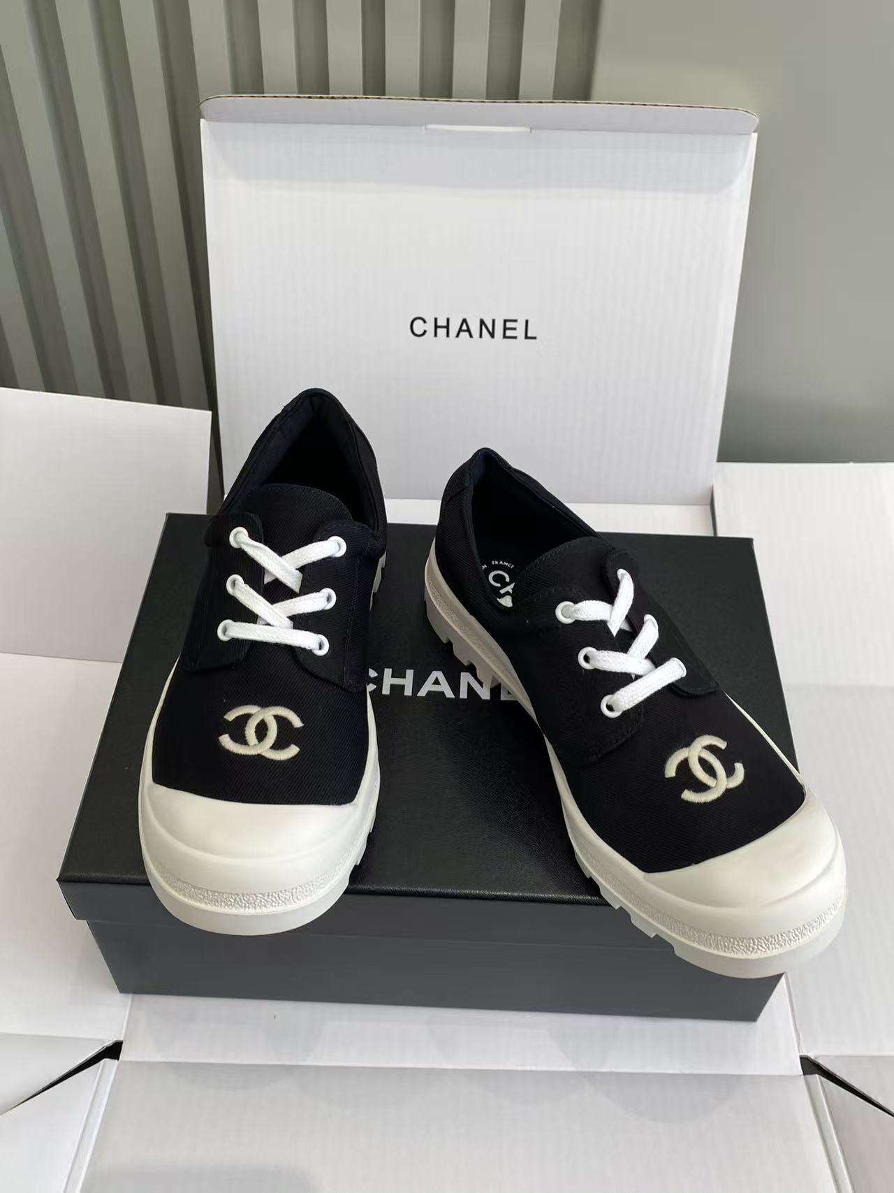 Chanel Black Canvas Low-Top Sneakers with White Lug Sole