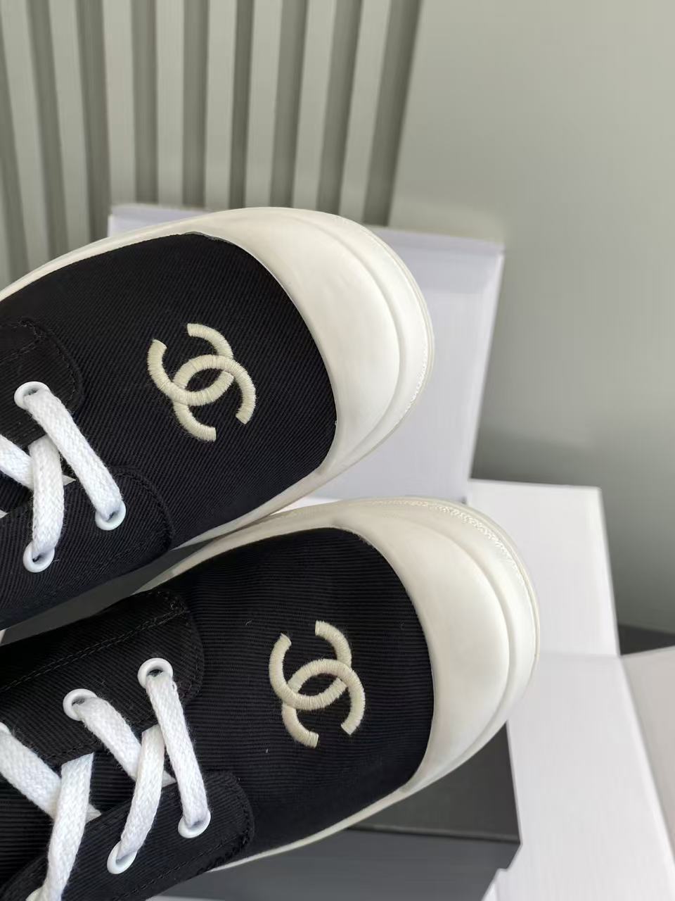 Chanel Black Canvas Low-Top Sneakers with White Lug Sole