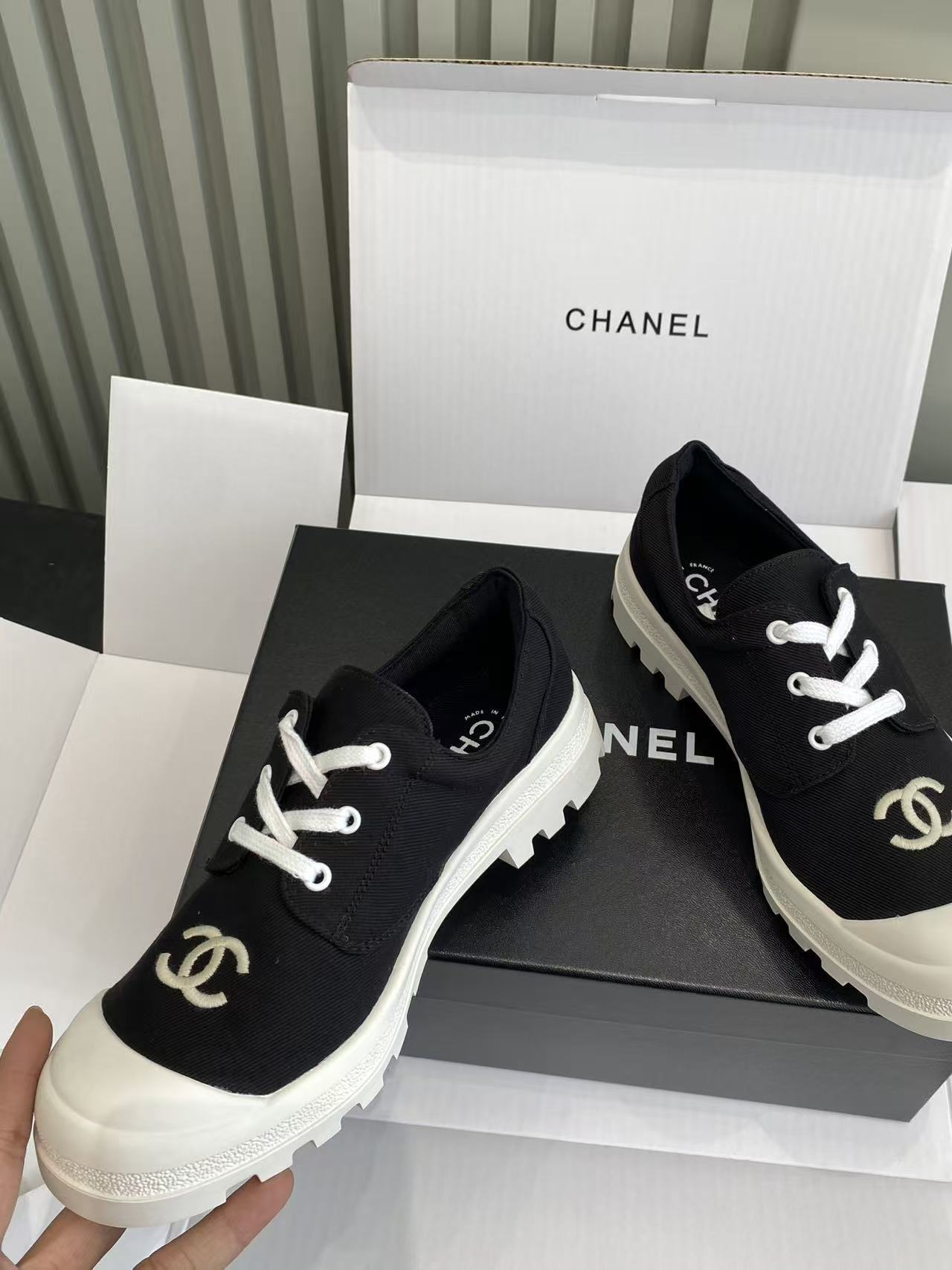 Chanel Black Canvas Low-Top Sneakers with White Lug Sole