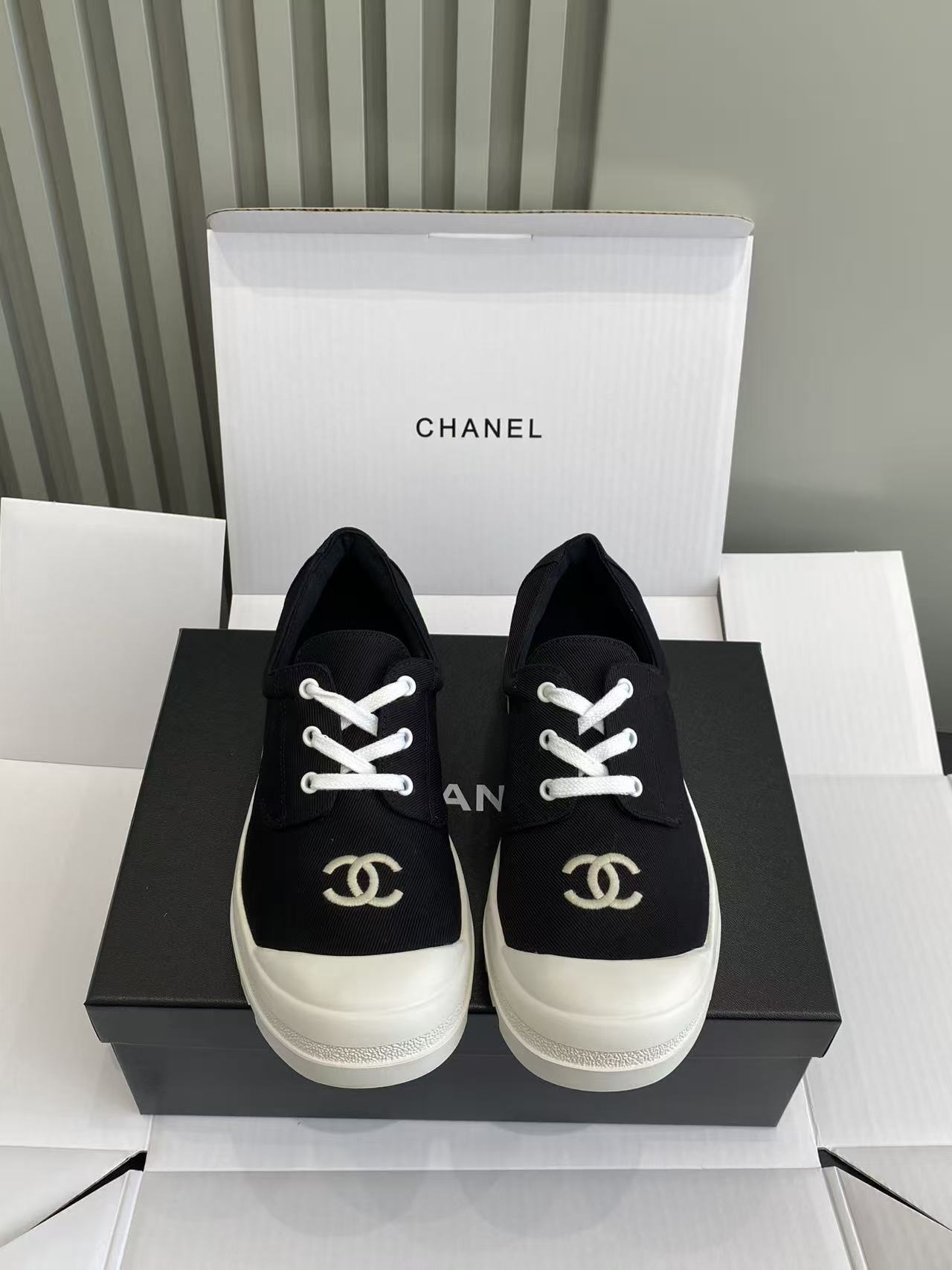 Chanel Black Canvas Low-Top Sneakers with White Lug Sole