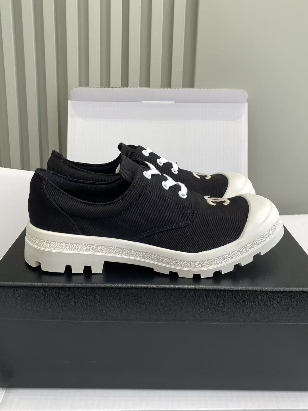 Chanel Black Canvas Low-Top Sneakers with White Lug Sole