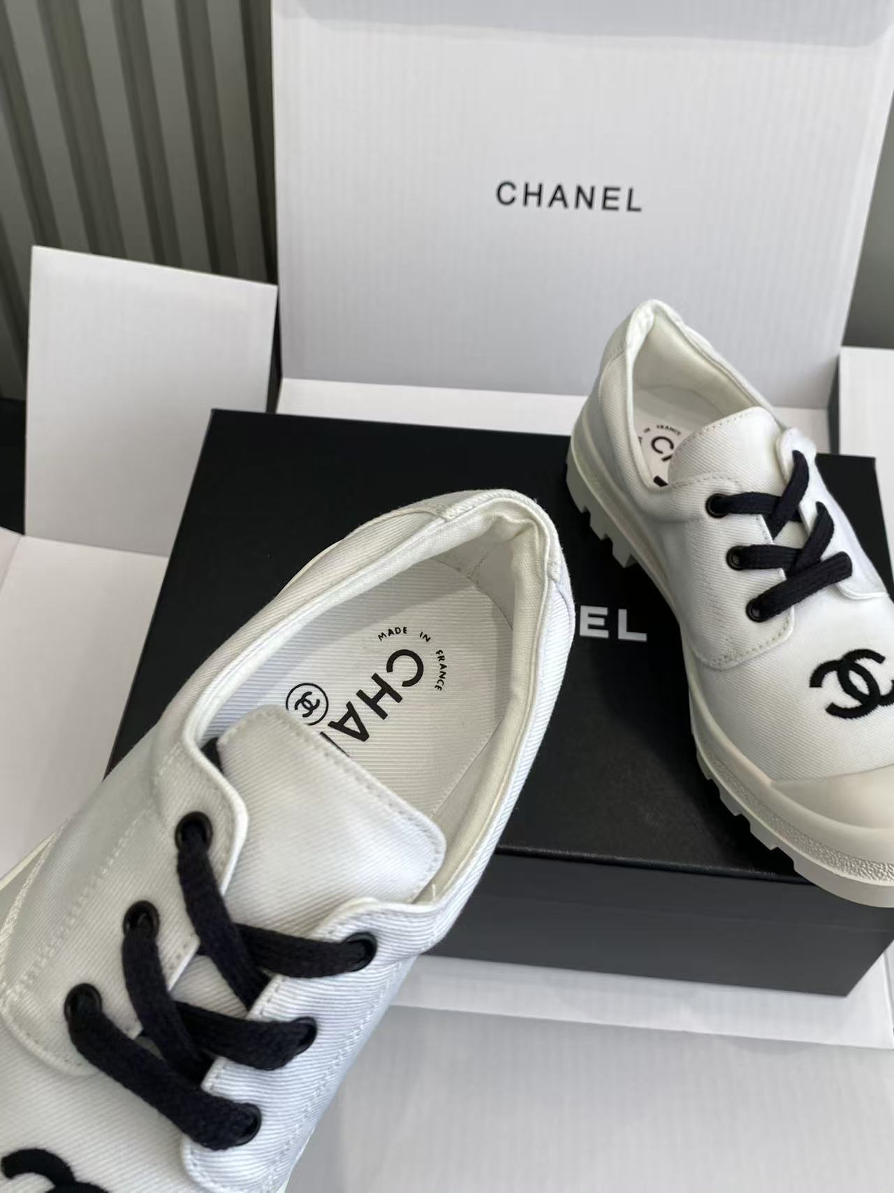 Chanel White Canvas CC Logo Sneakers with Chunky Lug Sole