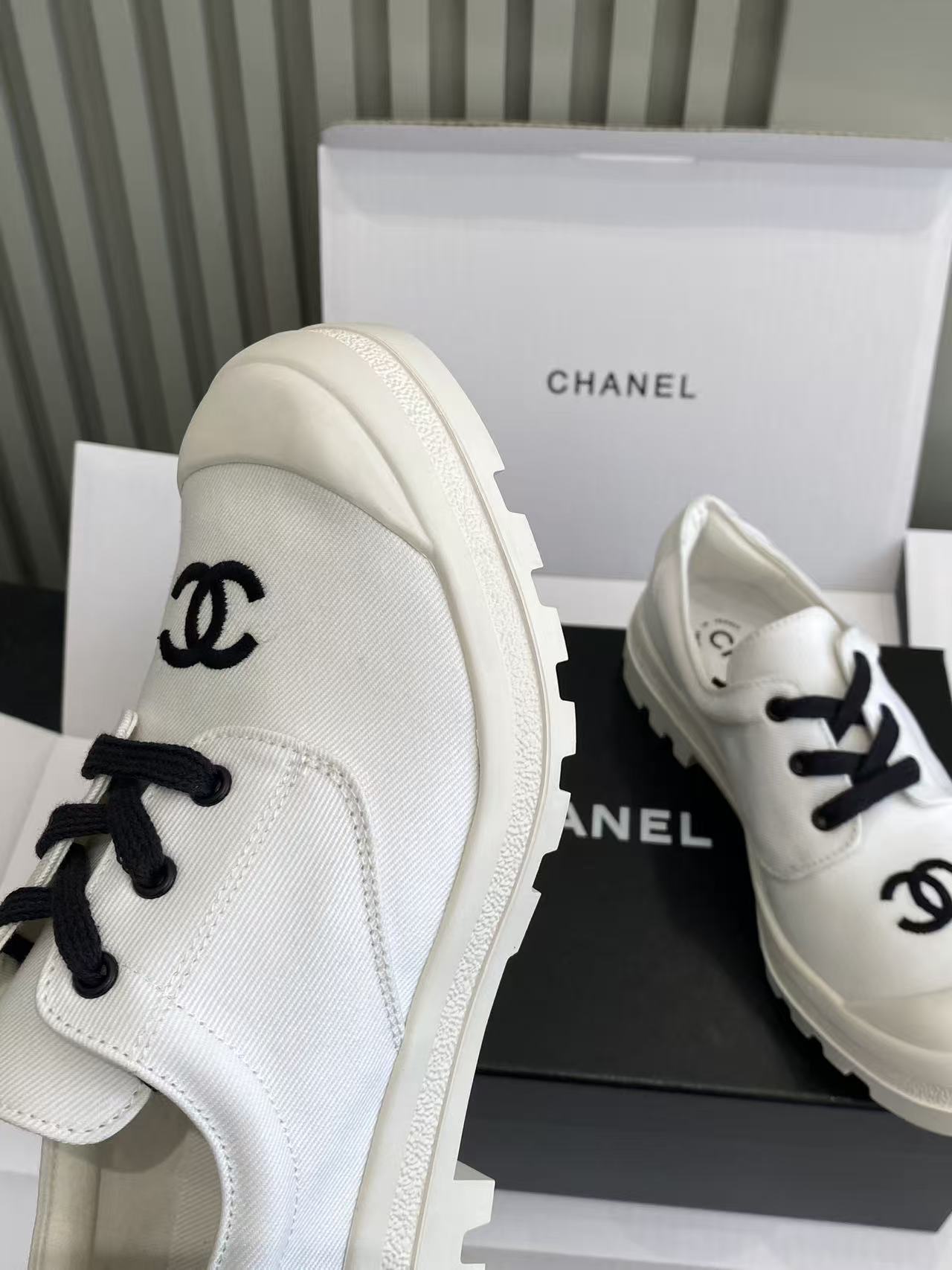 Chanel White Canvas CC Logo Sneakers with Chunky Lug Sole