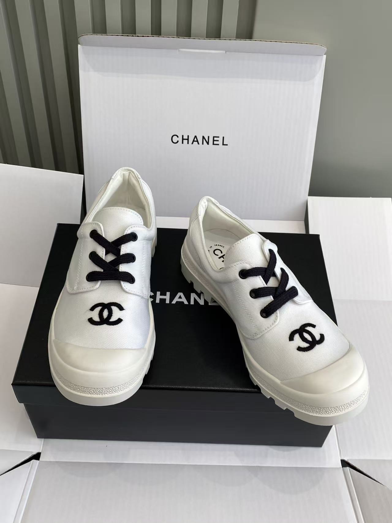 Chanel White Canvas CC Logo Sneakers with Chunky Lug Sole
