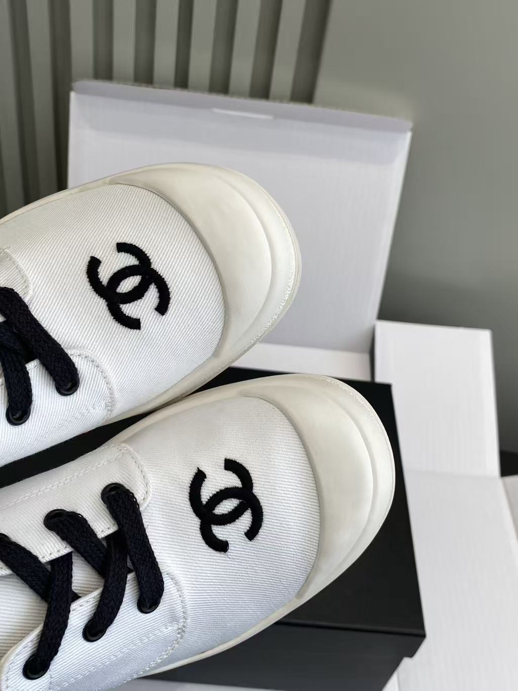 Chanel White Canvas CC Logo Sneakers with Chunky Lug Sole