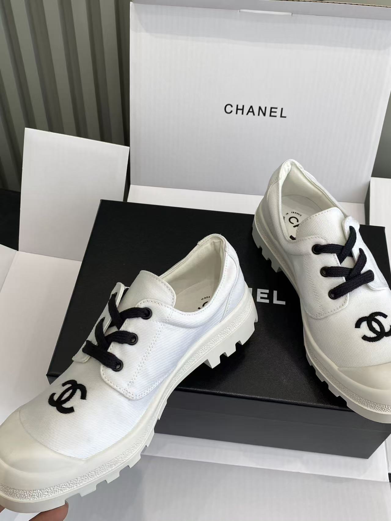 Chanel White Canvas CC Logo Sneakers with Chunky Lug Sole