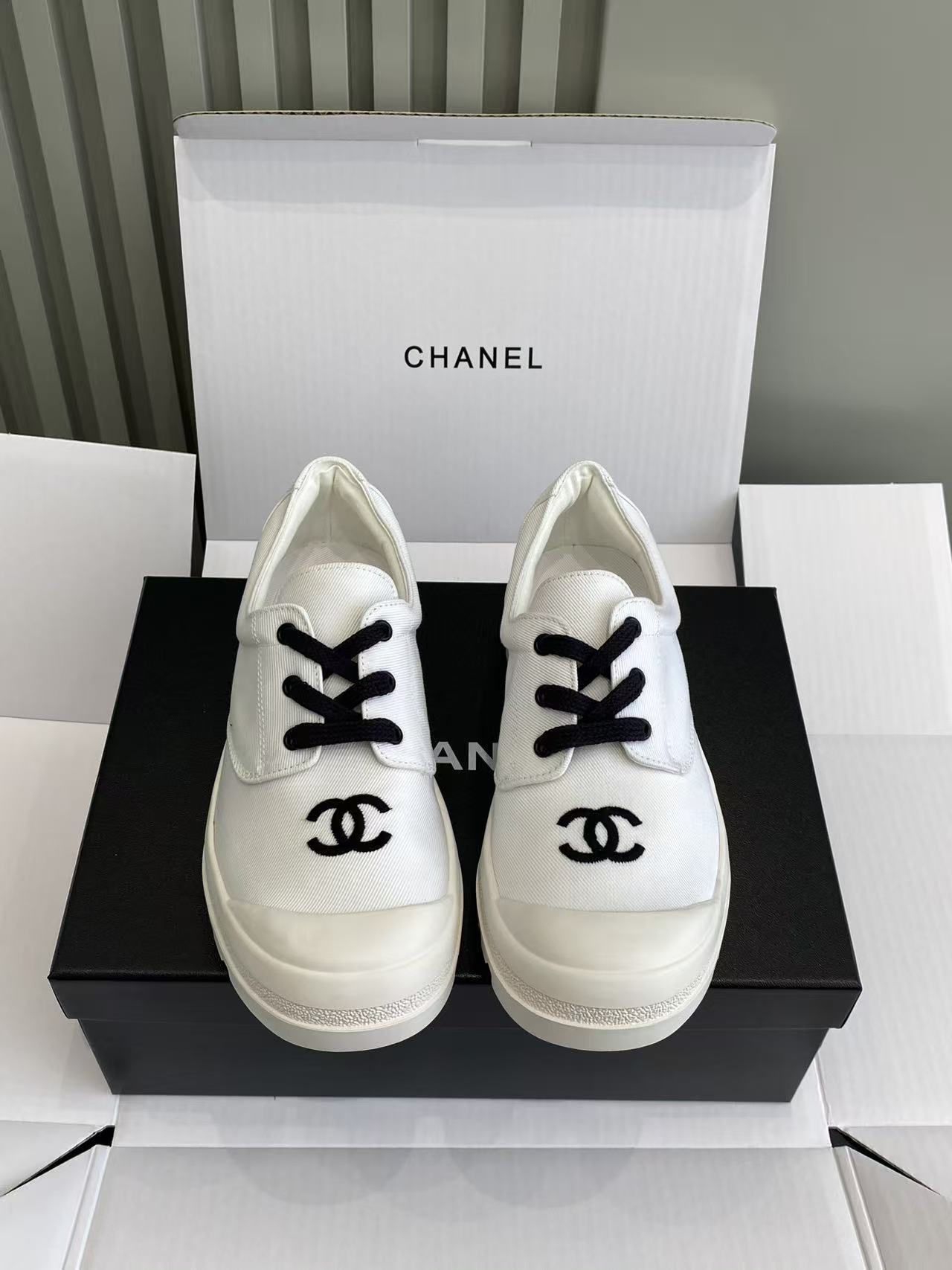 Chanel White Canvas CC Logo Sneakers with Chunky Lug Sole