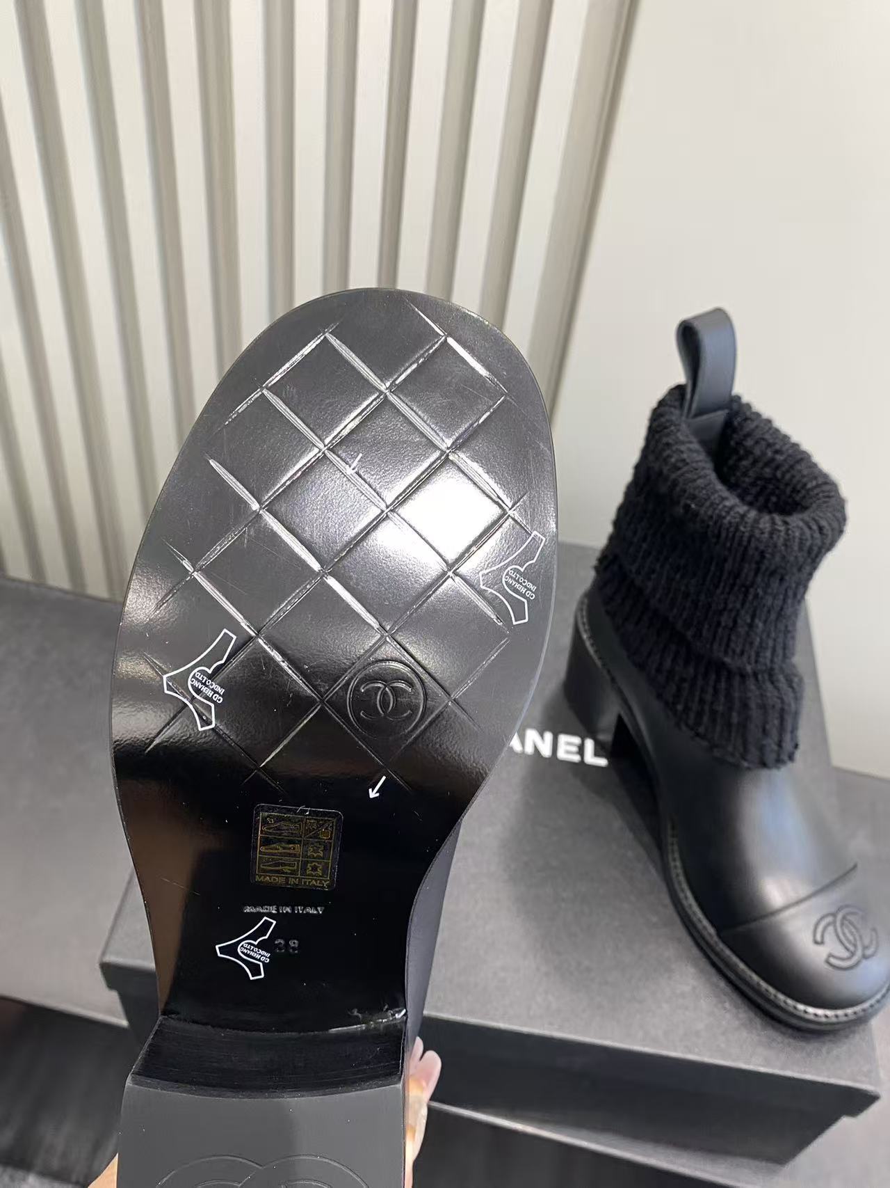 Luxury Black Leather & Knit Sock Ankle Boots with Block Heel