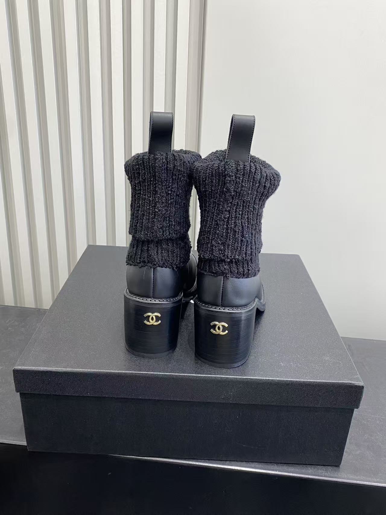 Luxury Black Leather & Knit Sock Ankle Boots with Block Heel