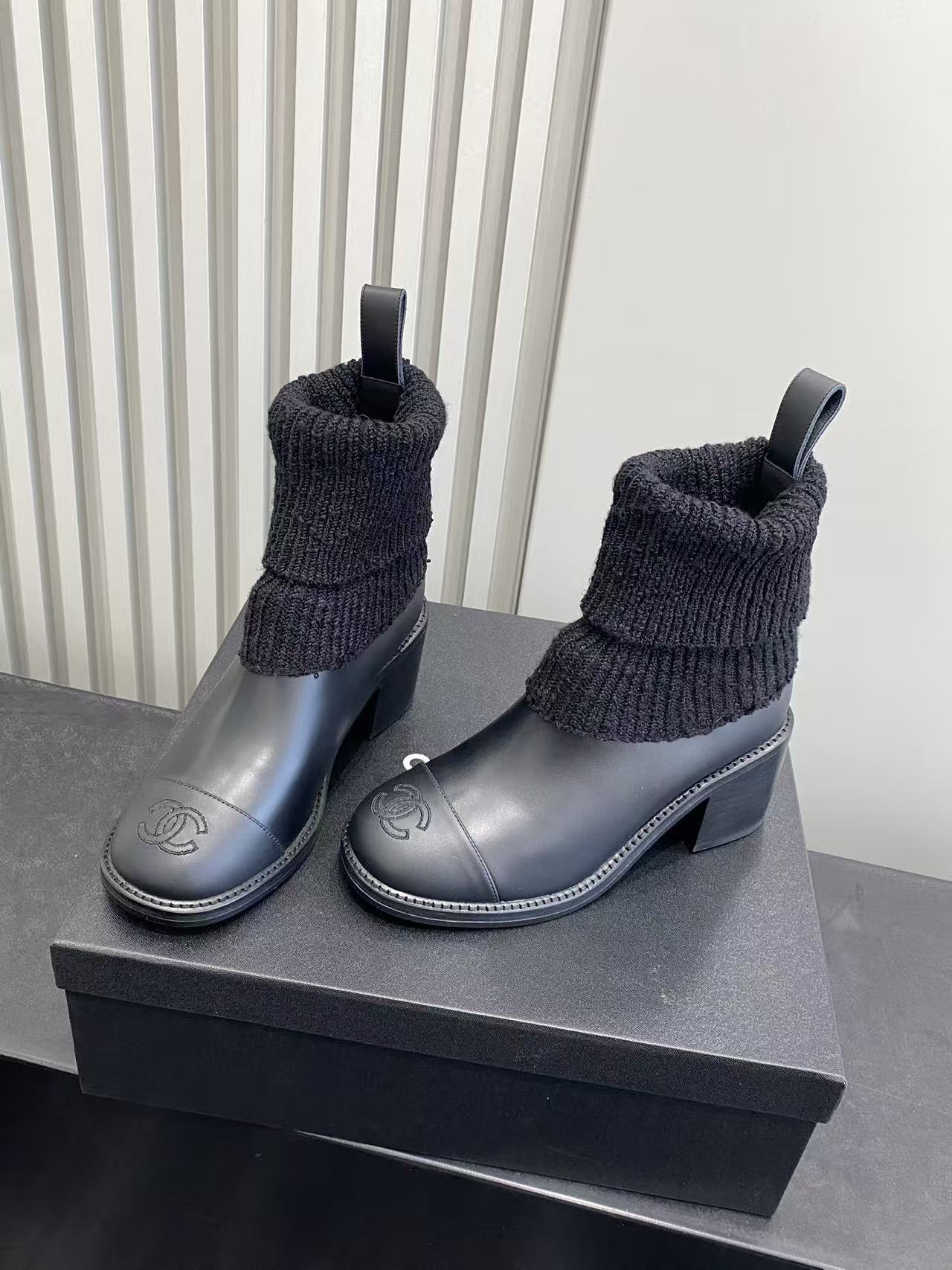 Luxury Black Leather & Knit Sock Ankle Boots with Block Heel
