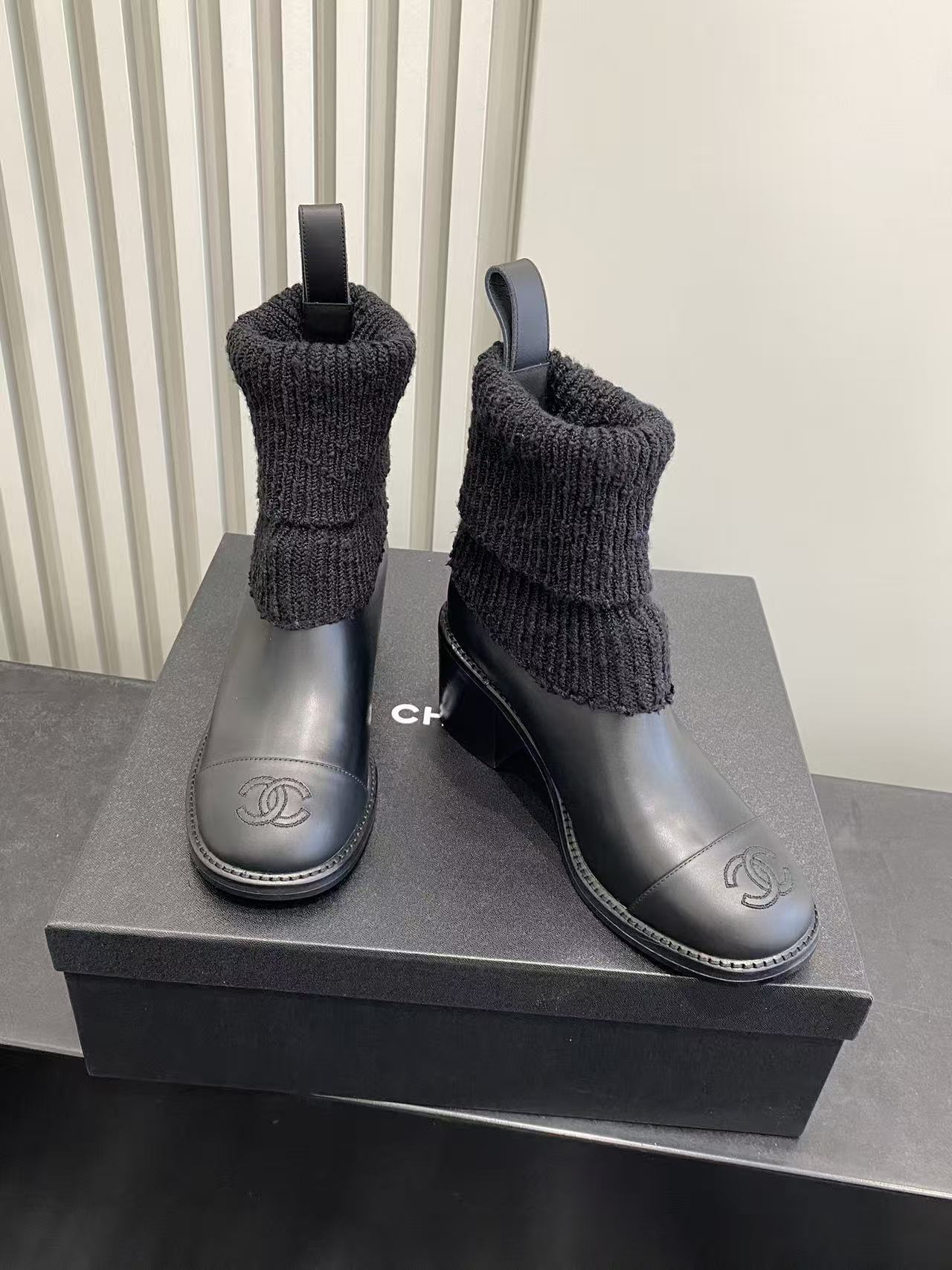 Luxury Black Leather & Knit Sock Ankle Boots with Block Heel