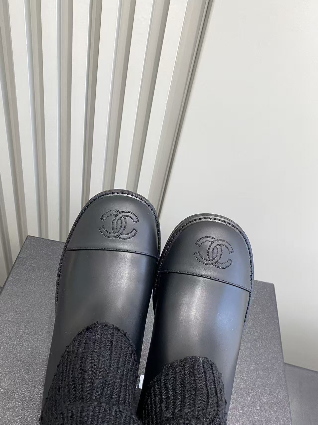 Luxury Black Leather & Knit Sock Ankle Boots with Block Heel