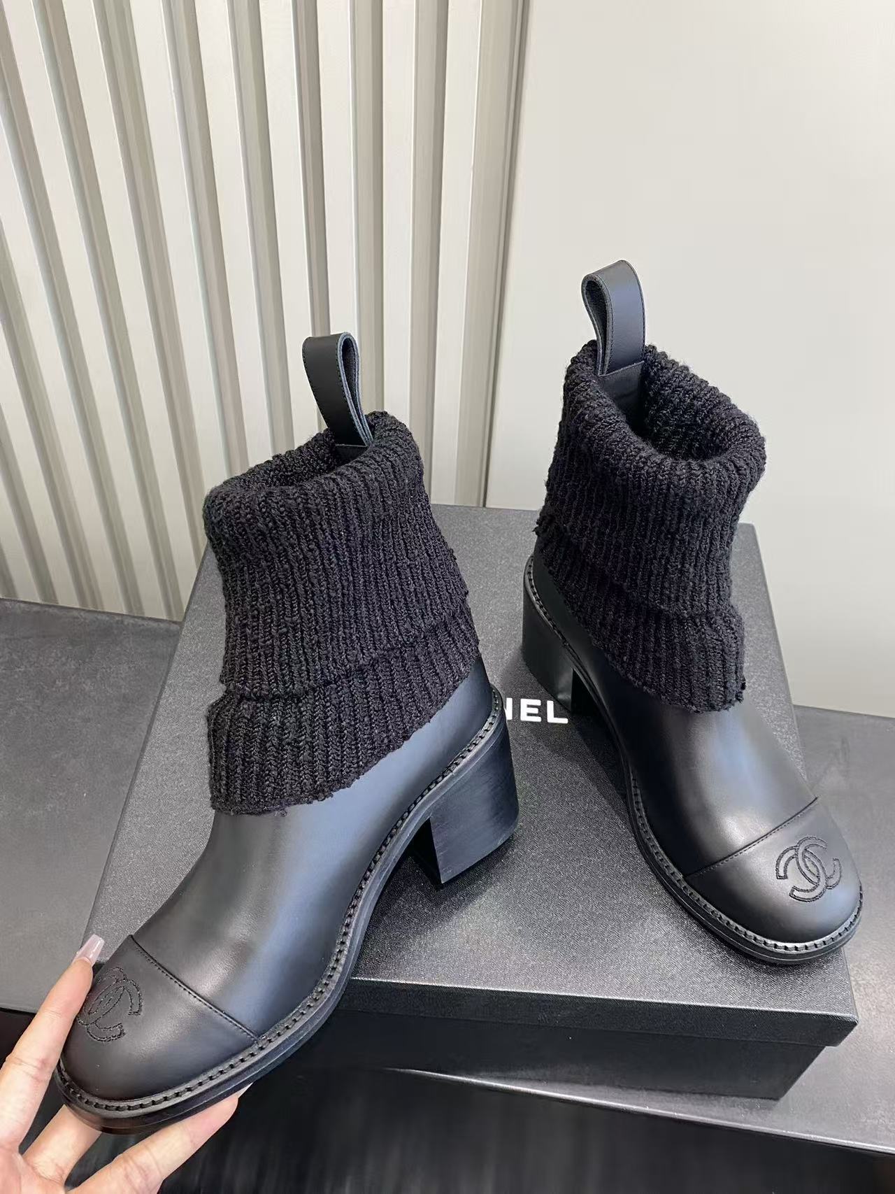 Luxury Black Leather & Knit Sock Ankle Boots with Block Heel