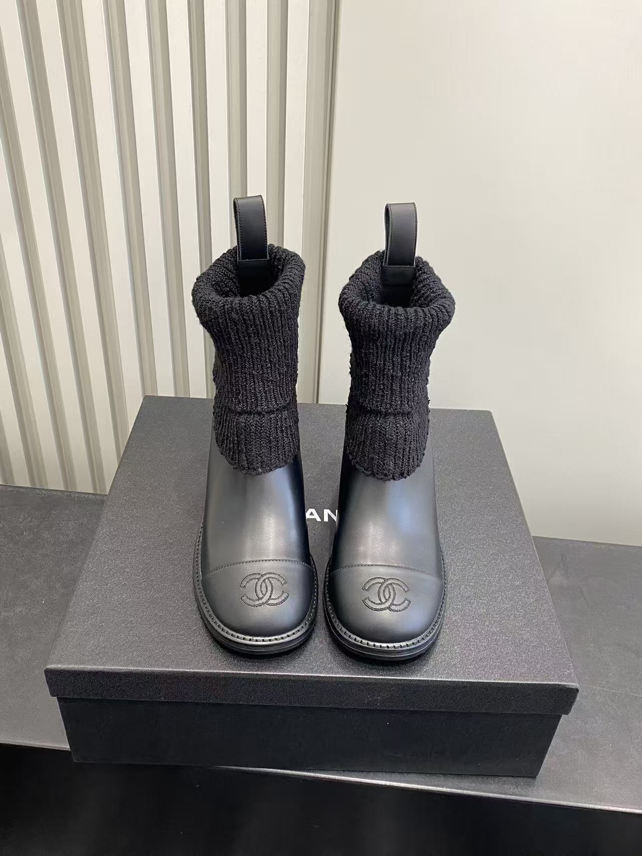 Luxury Black Leather & Knit Sock Ankle Boots with Block Heel