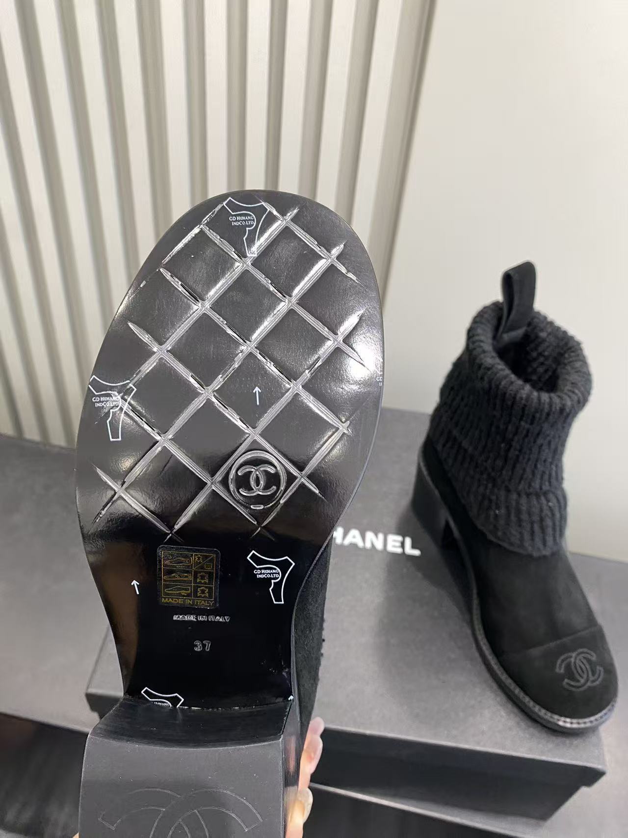 Chanel Black Suede & Ribbed Knit Sock Ankle Boots with Chunky Heel