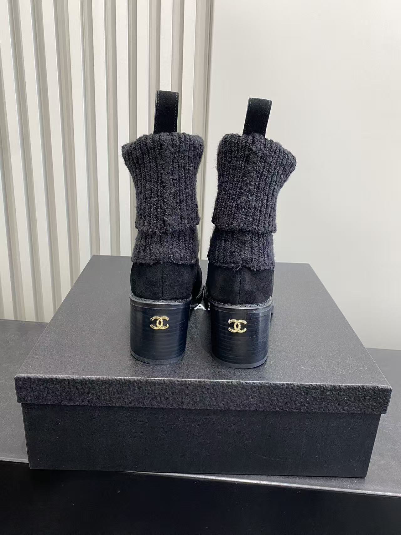 Chanel Black Suede & Ribbed Knit Sock Ankle Boots with Chunky Heel