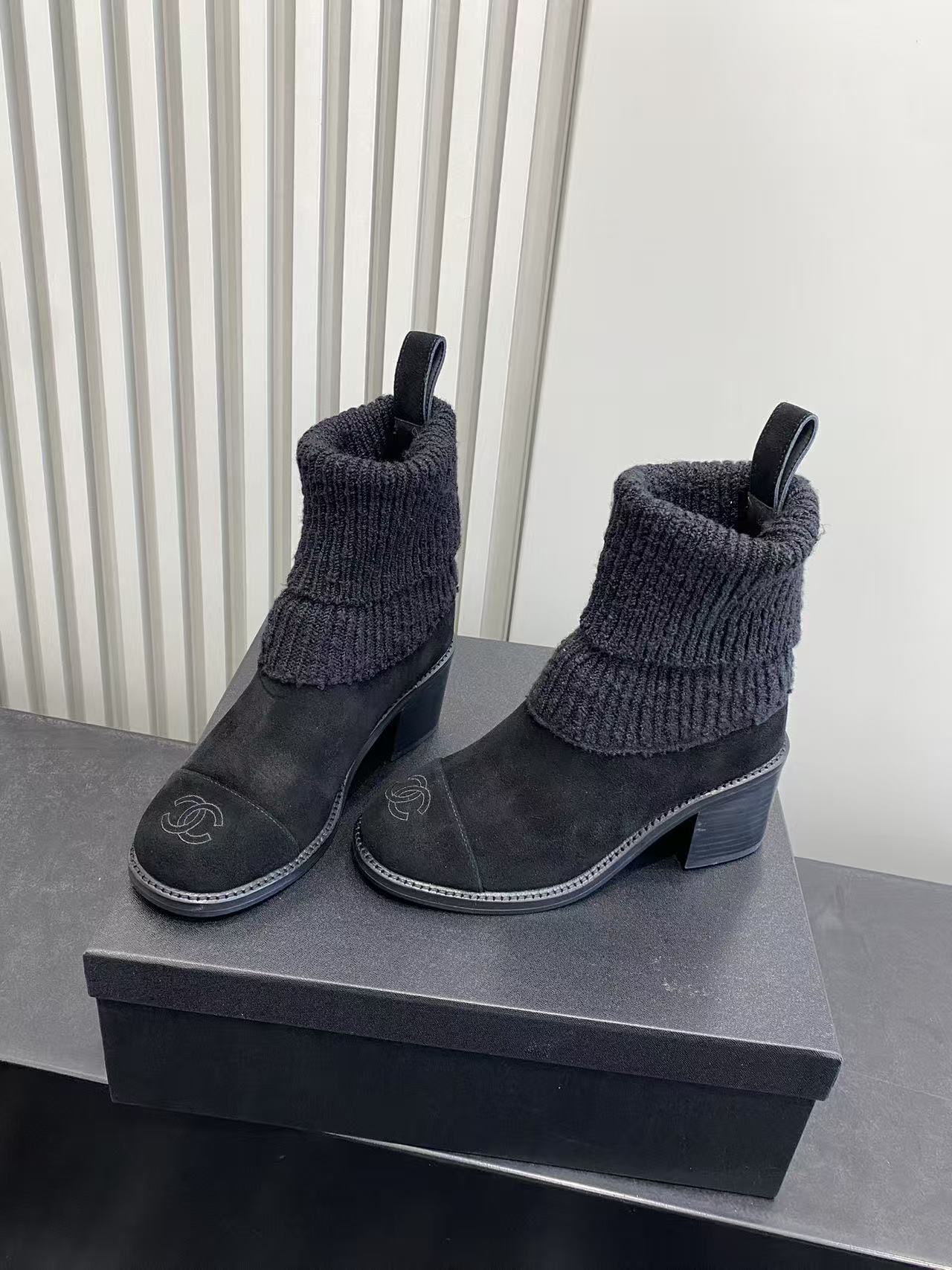 Chanel Black Suede & Ribbed Knit Sock Ankle Boots with Chunky Heel