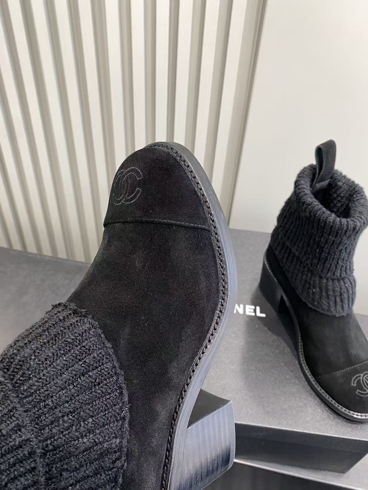 Chanel Black Suede & Ribbed Knit Sock Ankle Boots with Chunky Heel