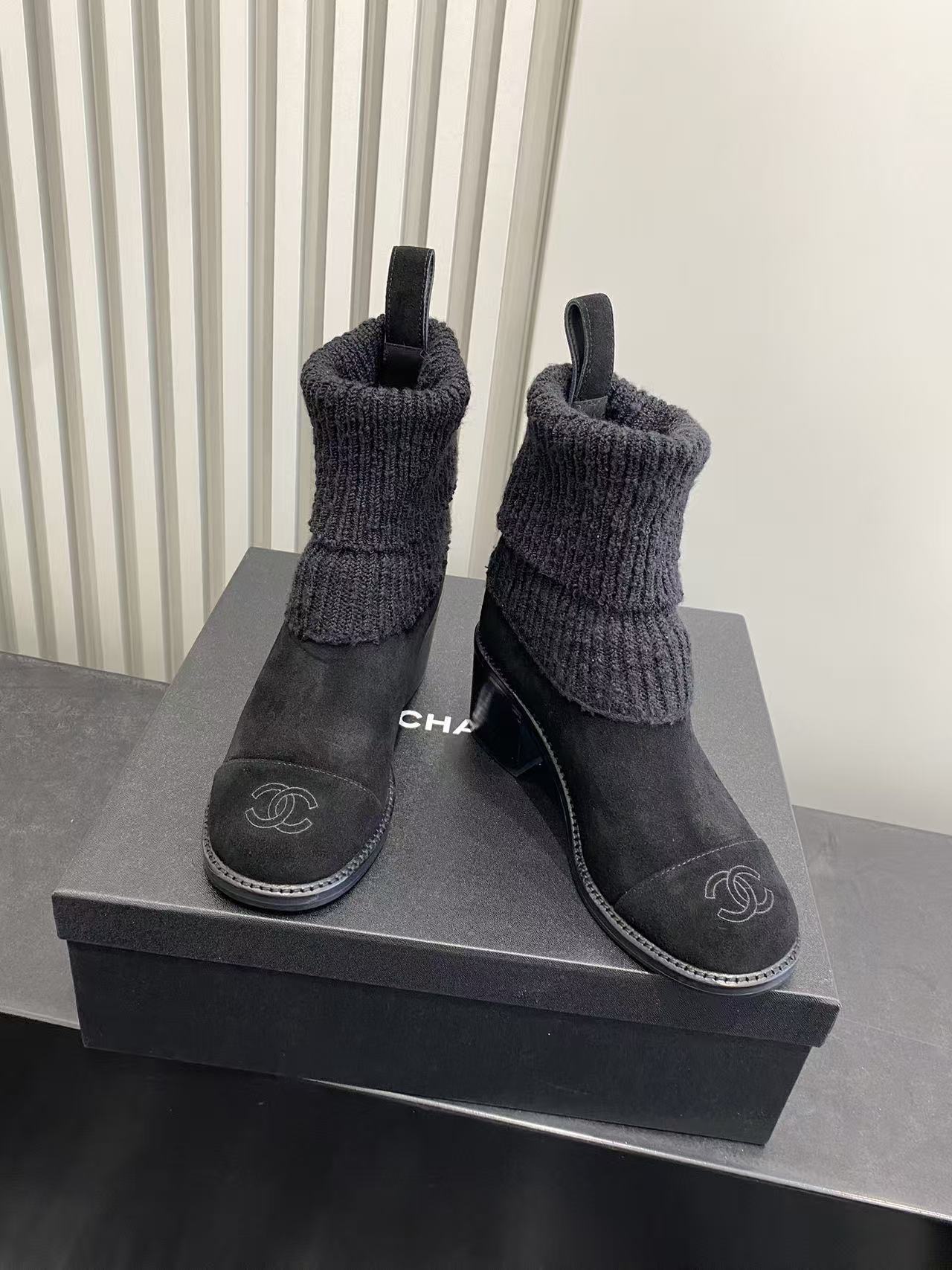 Chanel Black Suede & Ribbed Knit Sock Ankle Boots with Chunky Heel