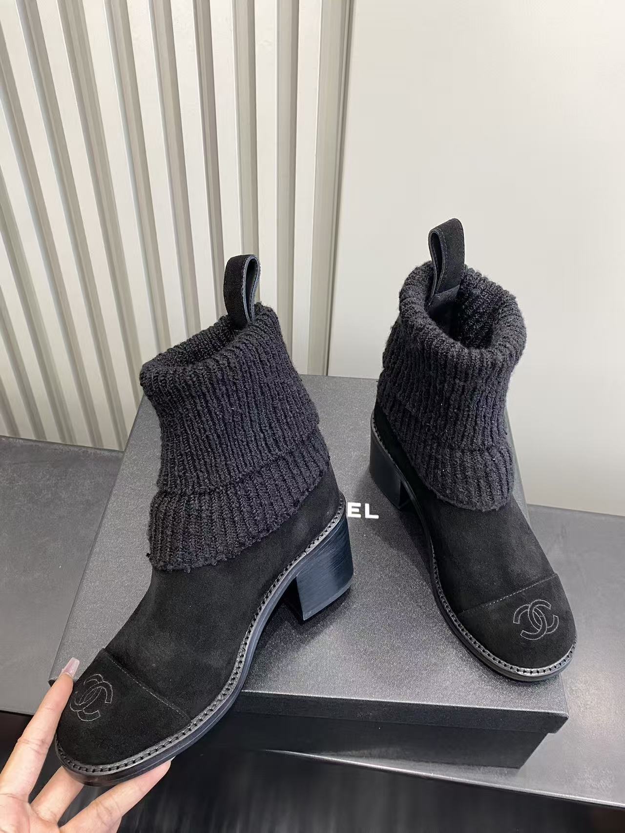 Chanel Black Suede & Ribbed Knit Sock Ankle Boots with Chunky Heel