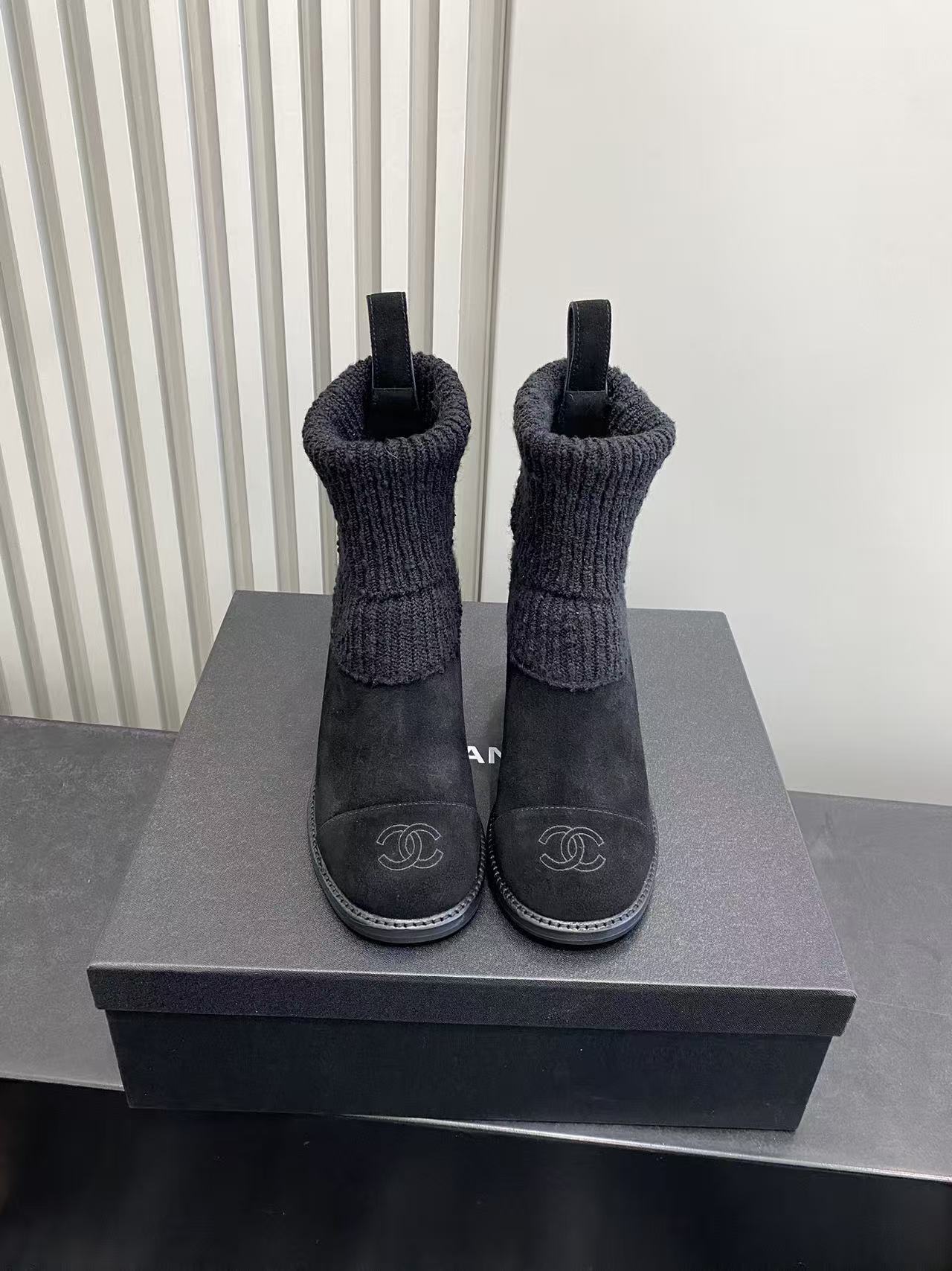 Chanel Black Suede & Ribbed Knit Sock Ankle Boots with Chunky Heel