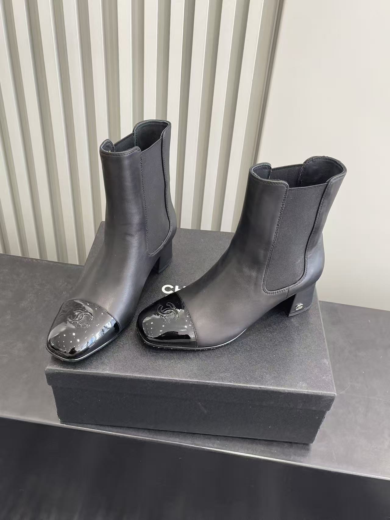 Chanel Black Leather Chelsea Boots - Patent Toe Designer Shoes