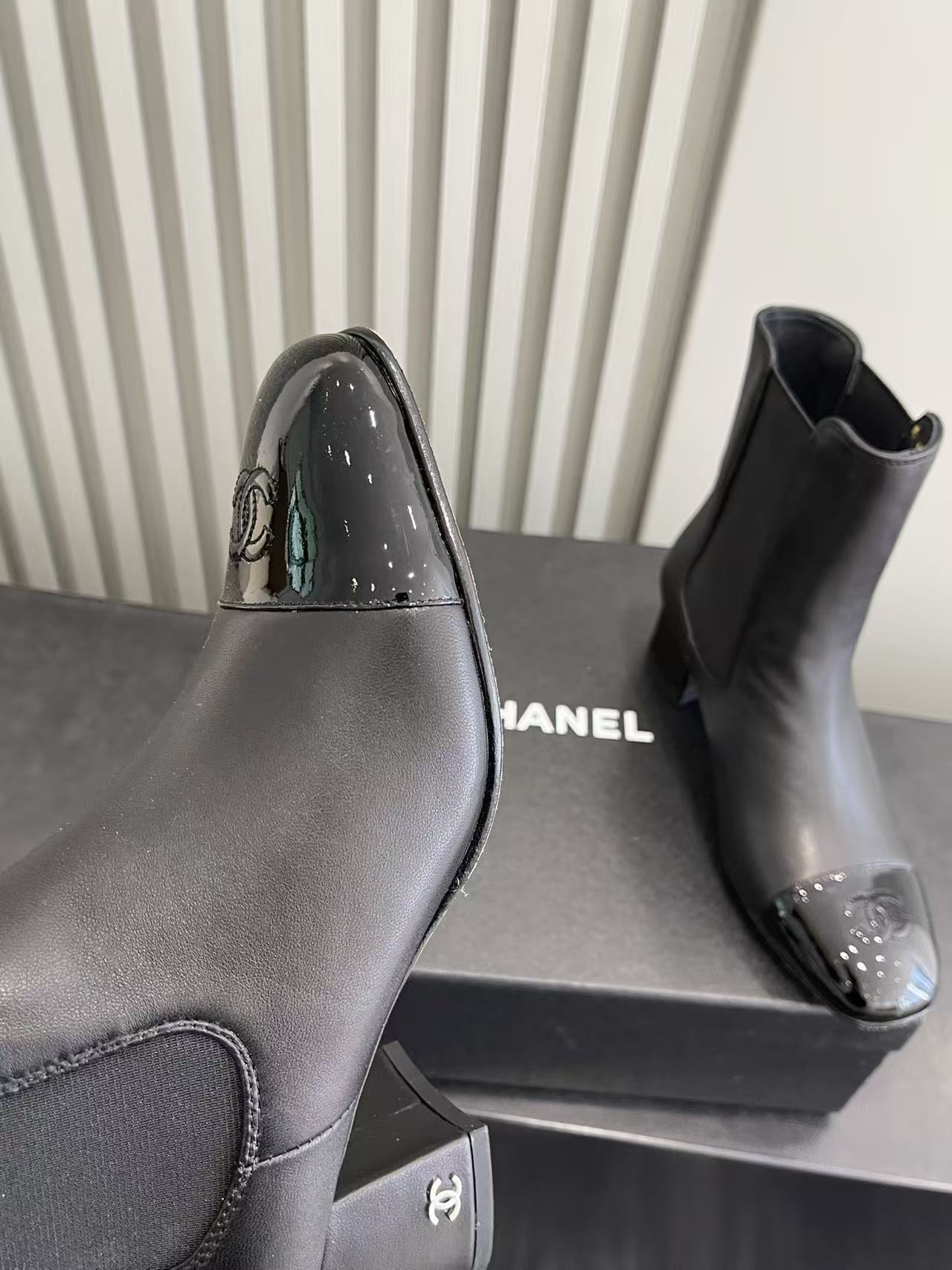 Chanel Black Leather Chelsea Boots - Patent Toe Designer Shoes