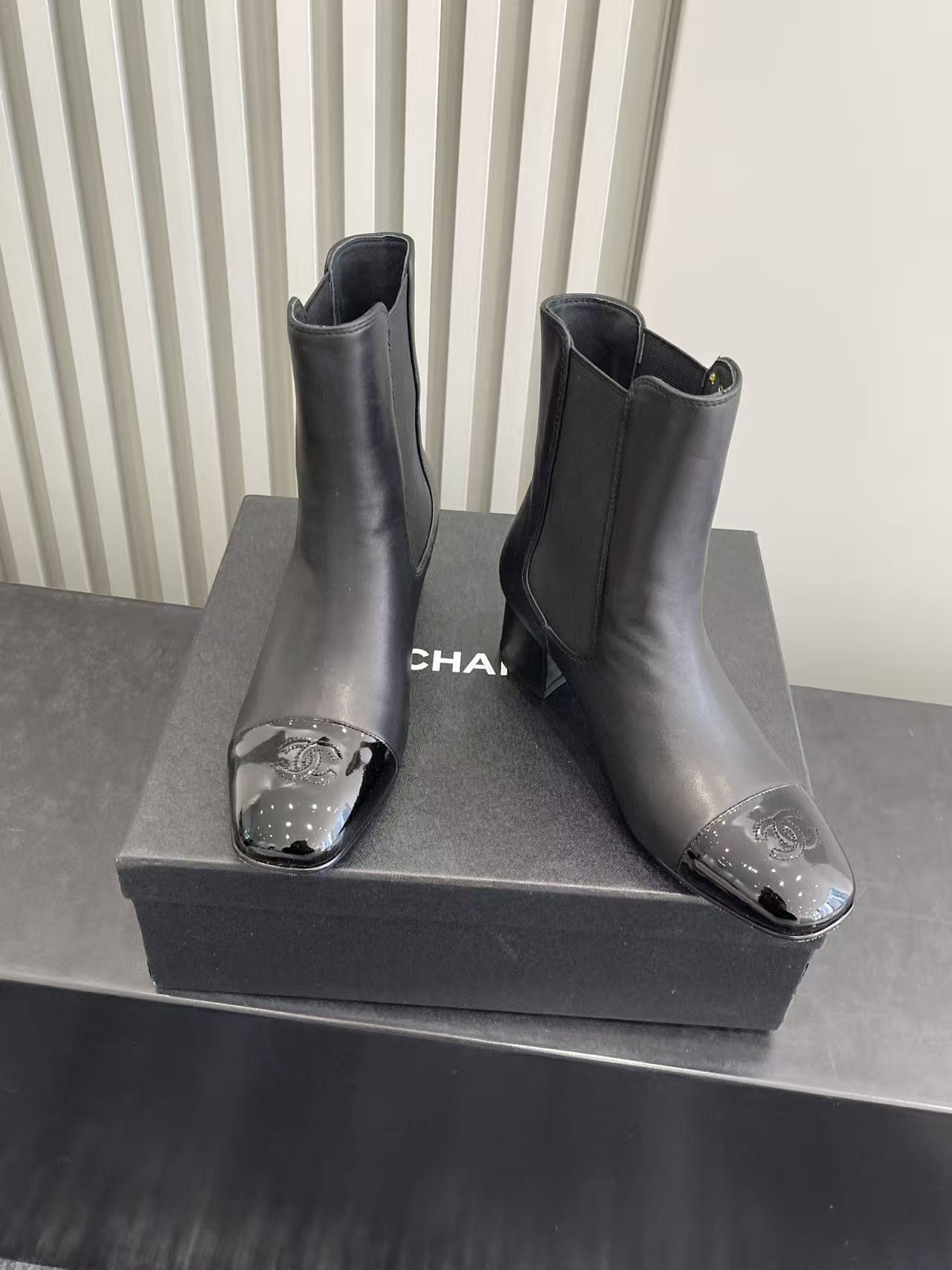 Chanel Black Leather Chelsea Boots - Patent Toe Designer Shoes