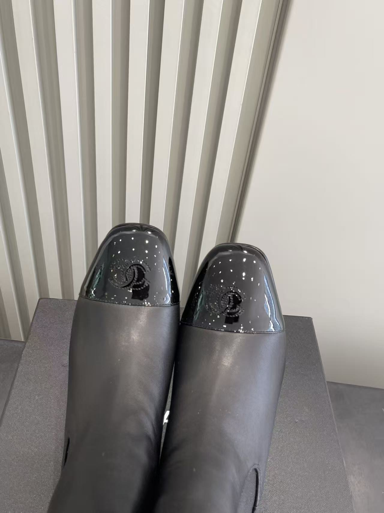 Chanel Black Leather Chelsea Boots - Patent Toe Designer Shoes