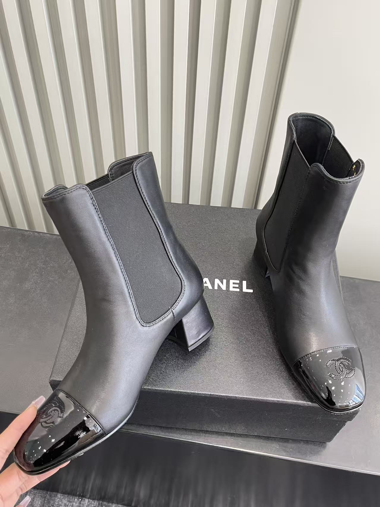 Chanel Black Leather Chelsea Boots - Patent Toe Designer Shoes