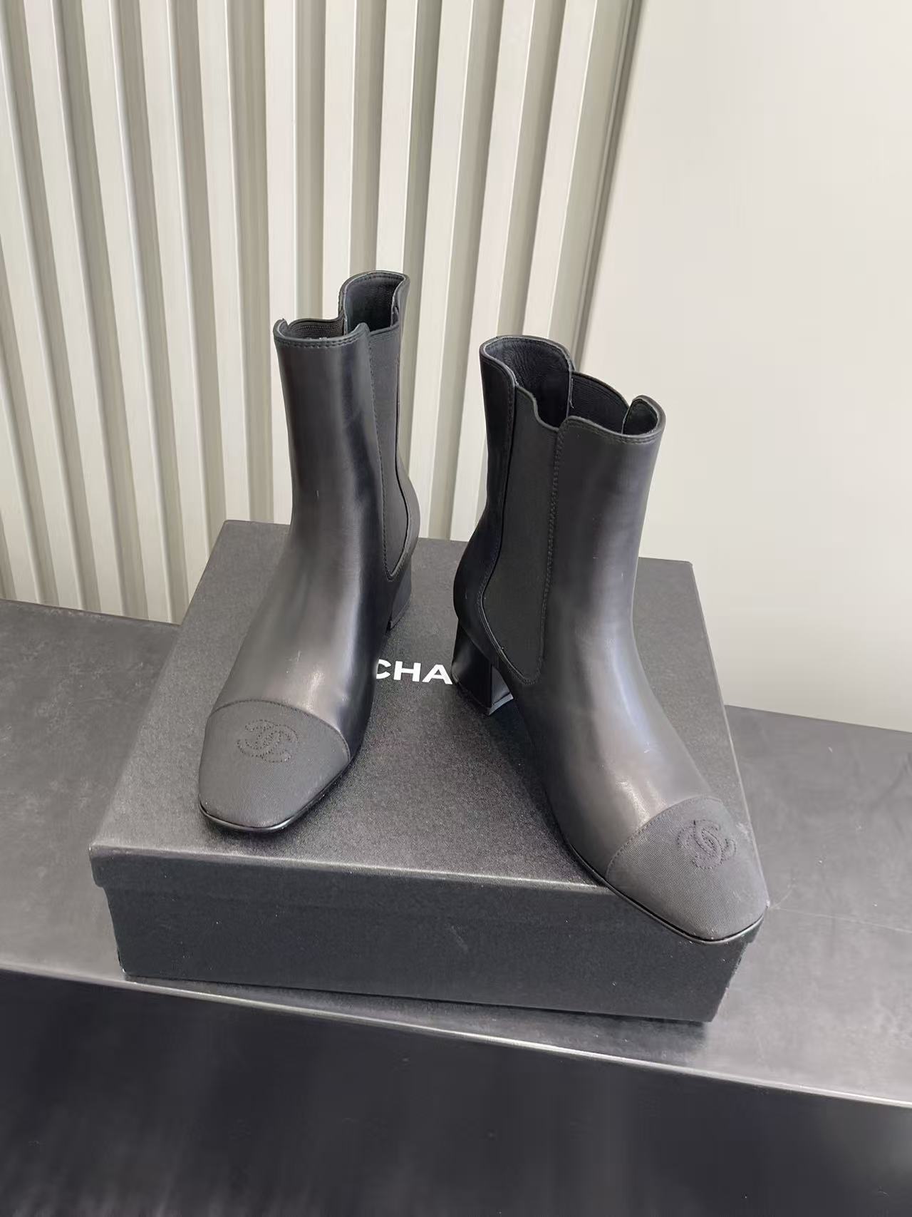 Chanel Black Leather Chelsea Boots with CC Logo Block Heel
