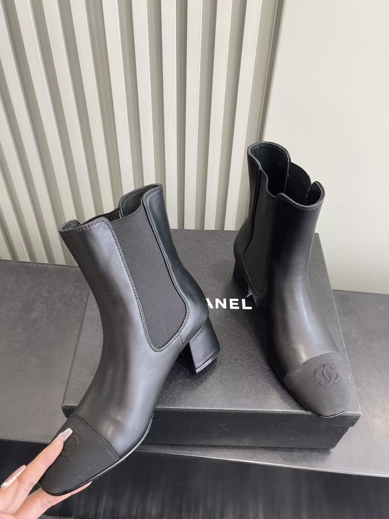 Chanel Black Leather Chelsea Boots with CC Logo Block Heel