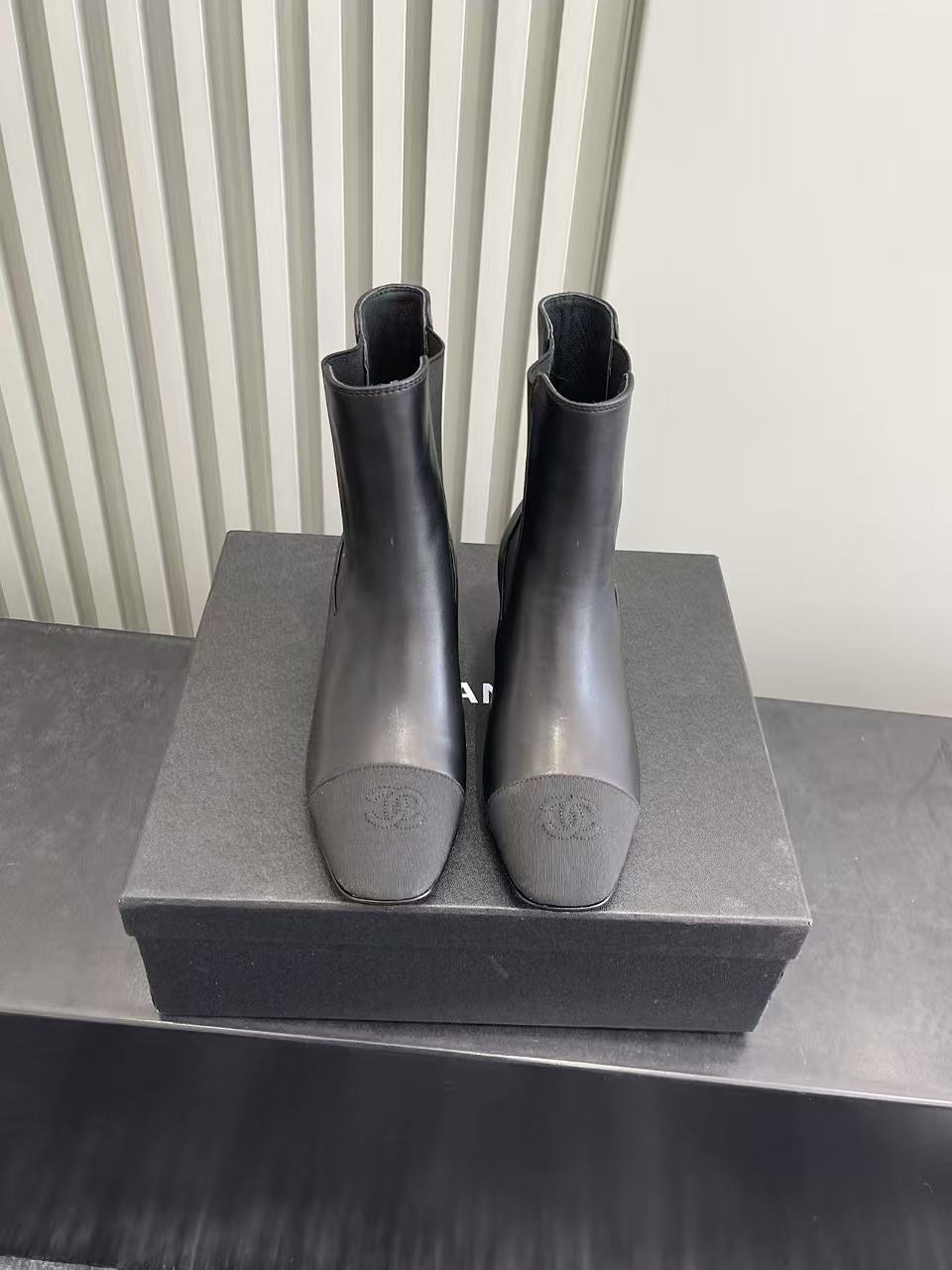 Chanel Black Leather Chelsea Boots with CC Logo Block Heel