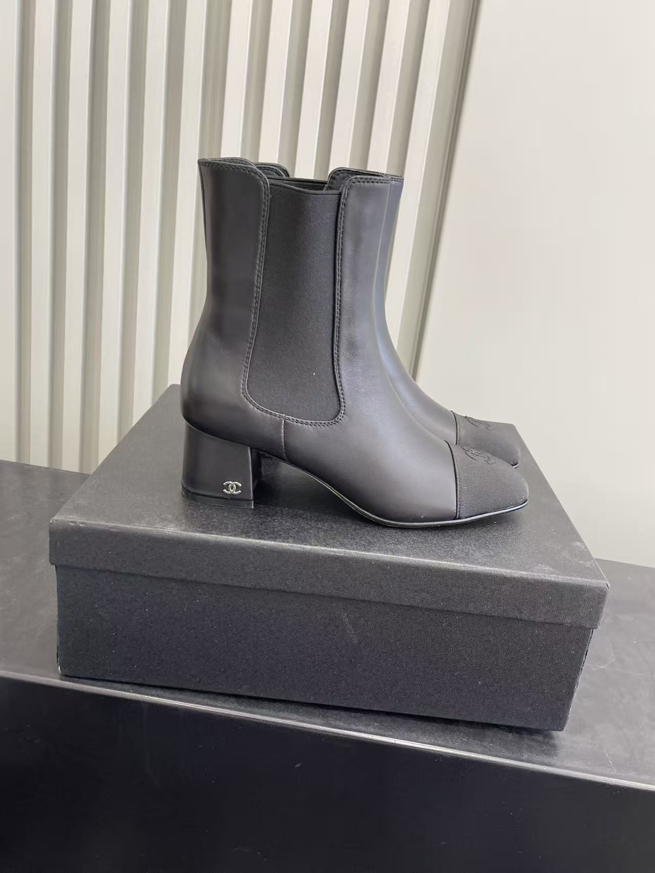 Chanel Black Leather Chelsea Boots with CC Logo Block Heel